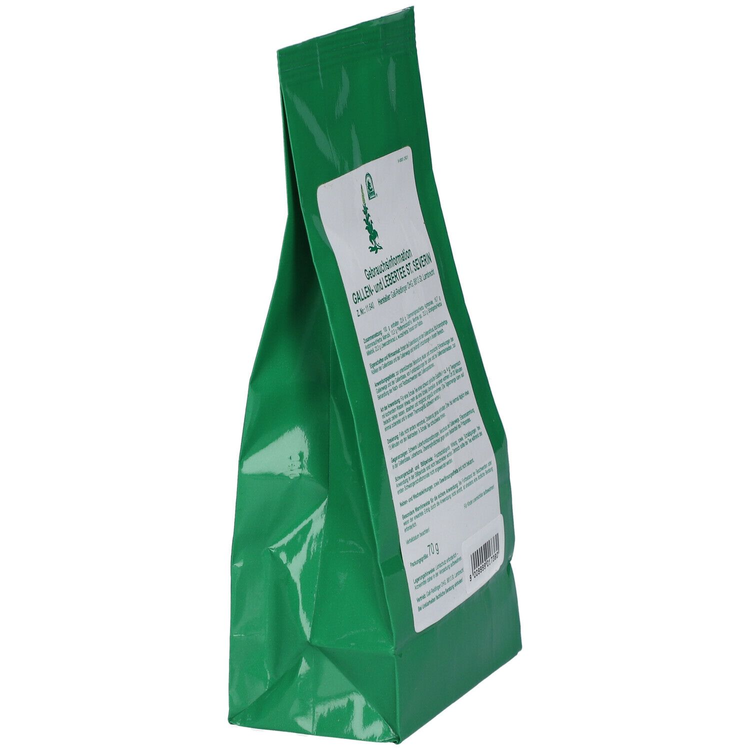 Grüner Beutel, schräg. Weißes Etikett mit Text und Logo. Barcode. Inhalt: 70 g.