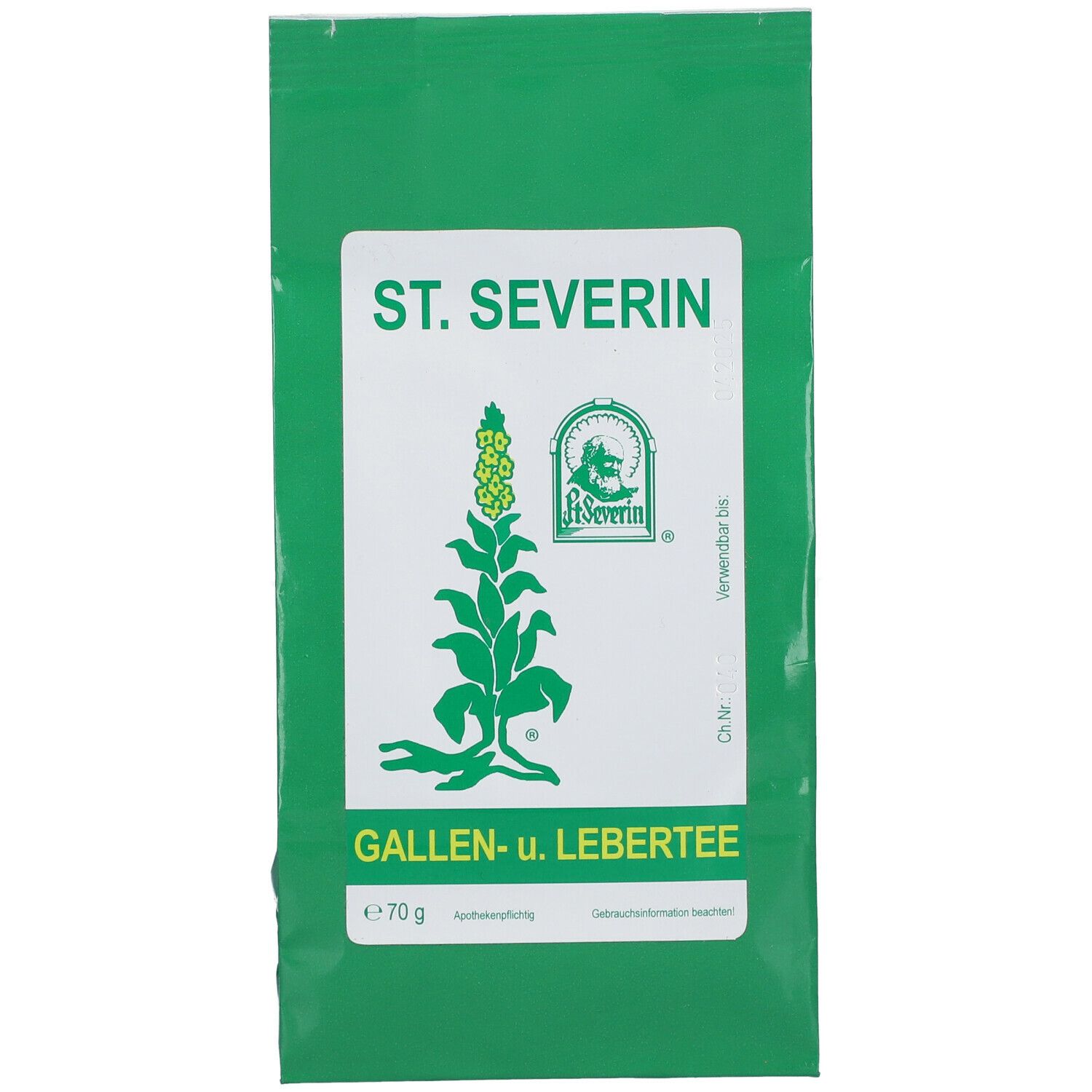 Grüner Beutel mit weißem Etikett. Aufschrift: ST. SEVERIN, Gallen- u. Lebertee. Logo. Inhalt: 70 g.