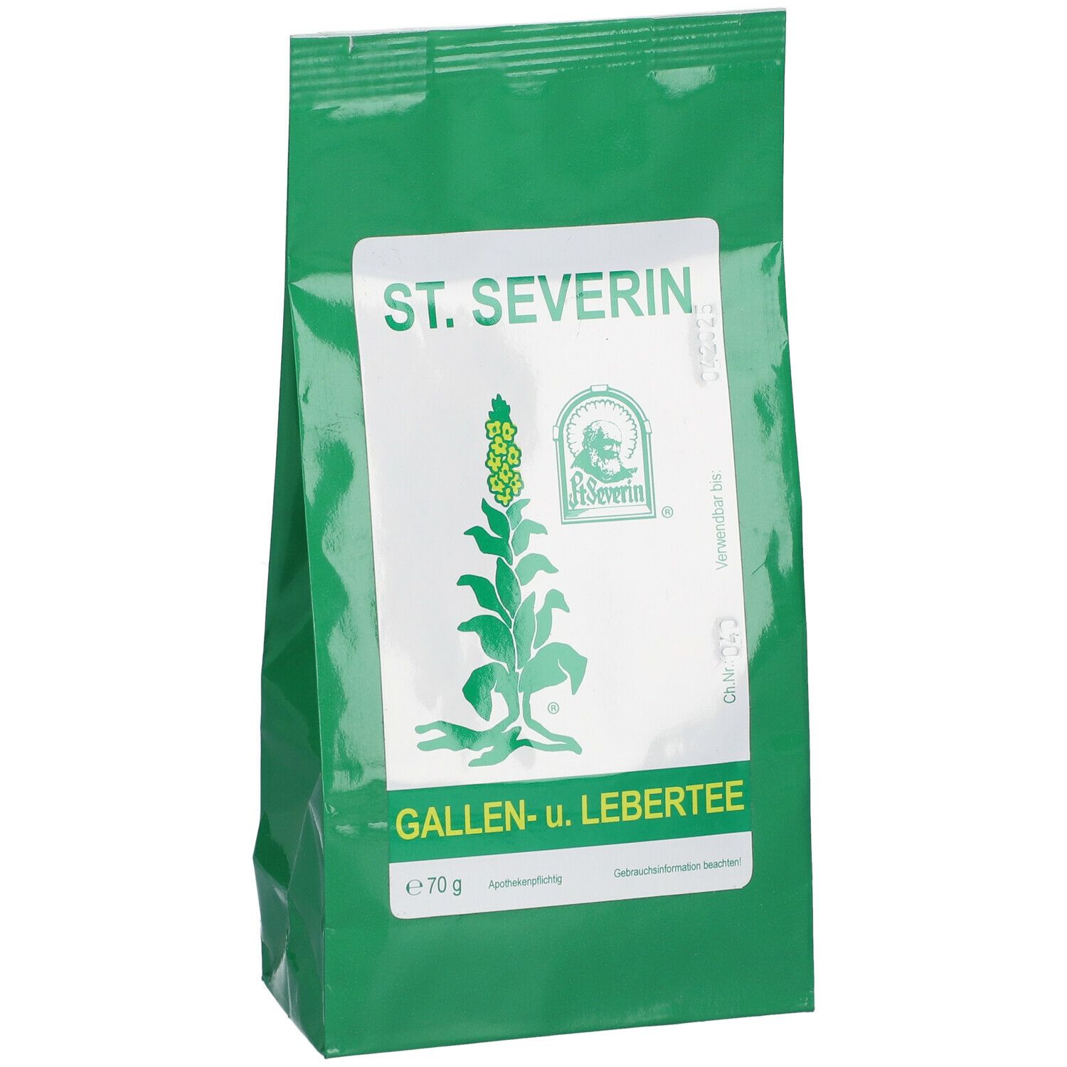Grüner Beutel mit weißem Etikett. Aufschrift: ST. SEVERIN, Gallen- u. Lebertee. Logo. Inhalt: 70 g.