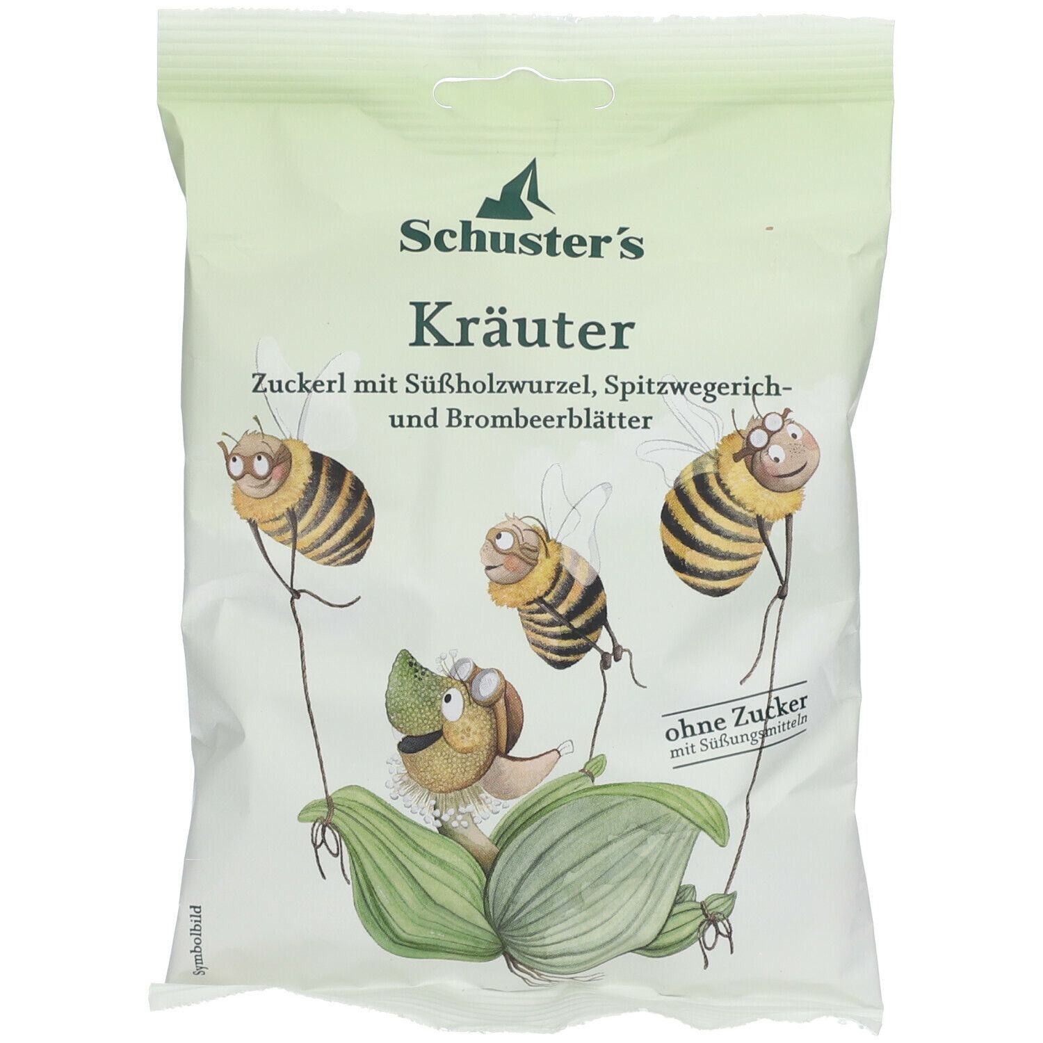 Beutel mit Kräuterbonbons. Aufdruck: Schuster's, Kräuter, Illustrationen von Bienen. Ohne Zucker.