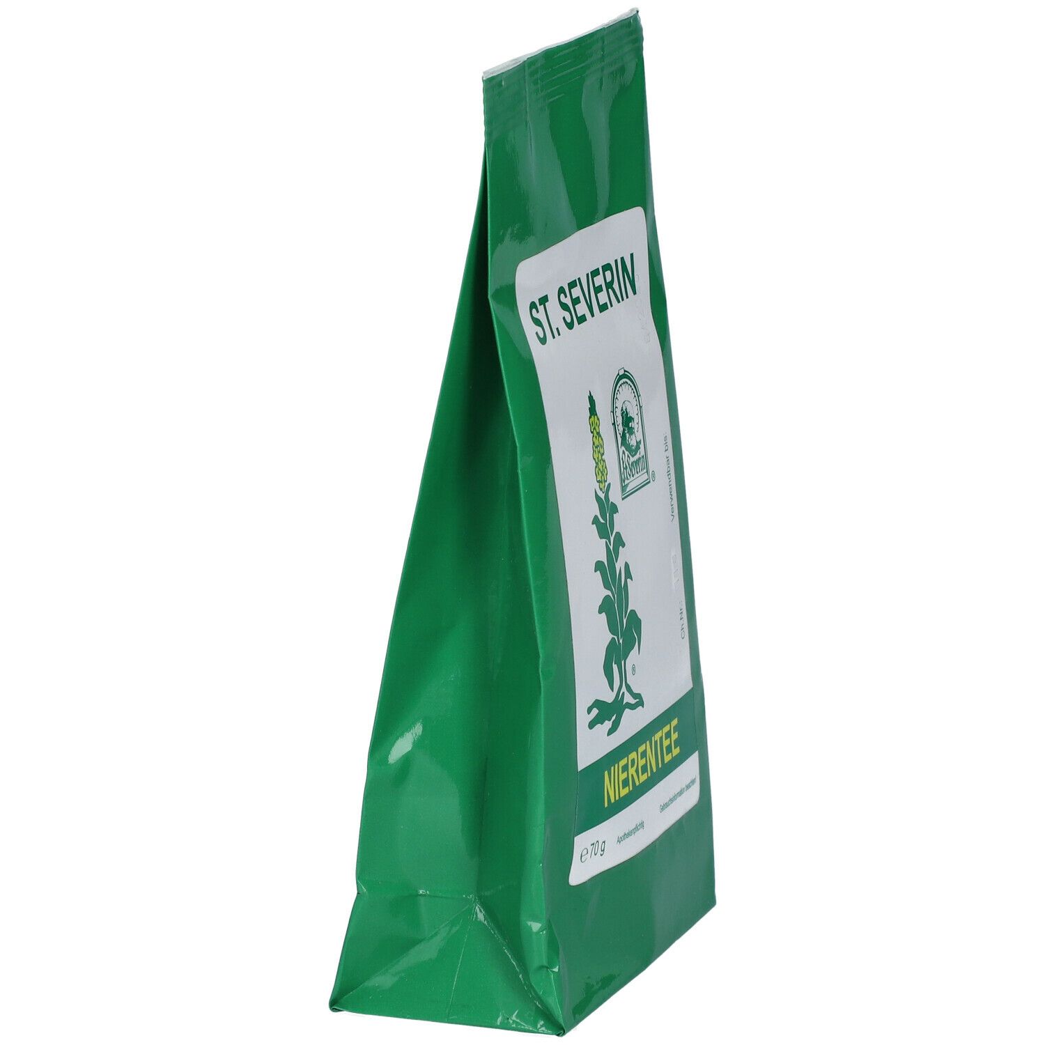 Sachet vert, en biais. Étiquette blanche avec inscription: ST. SEVERIN, logo, NIERENTEE. Contenu: 70 g.
