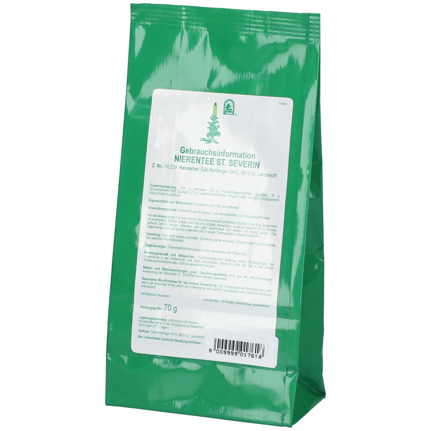 Sachet vert avec étiquette blanche. Inscription: INFORMATION D'UTILISATION, NIERENTEE ST. SEVERIN. Contenu: 70 g. Texte.