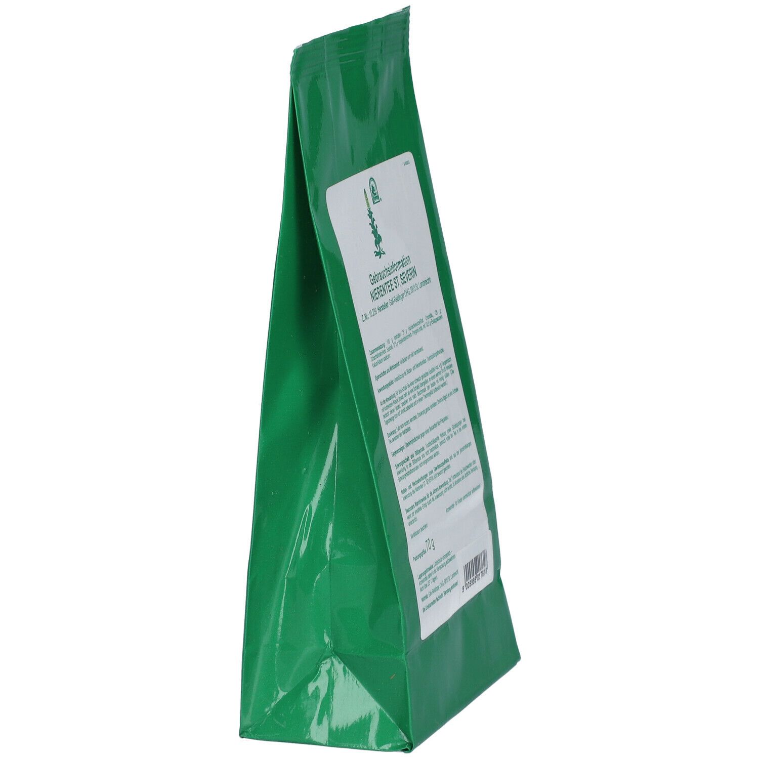 Sachet vert, en biais. Étiquette blanche avec texte: INFORMATION D'UTILISATION, NIERENTEE ST. SEVERIN. Contenu: 70 g.