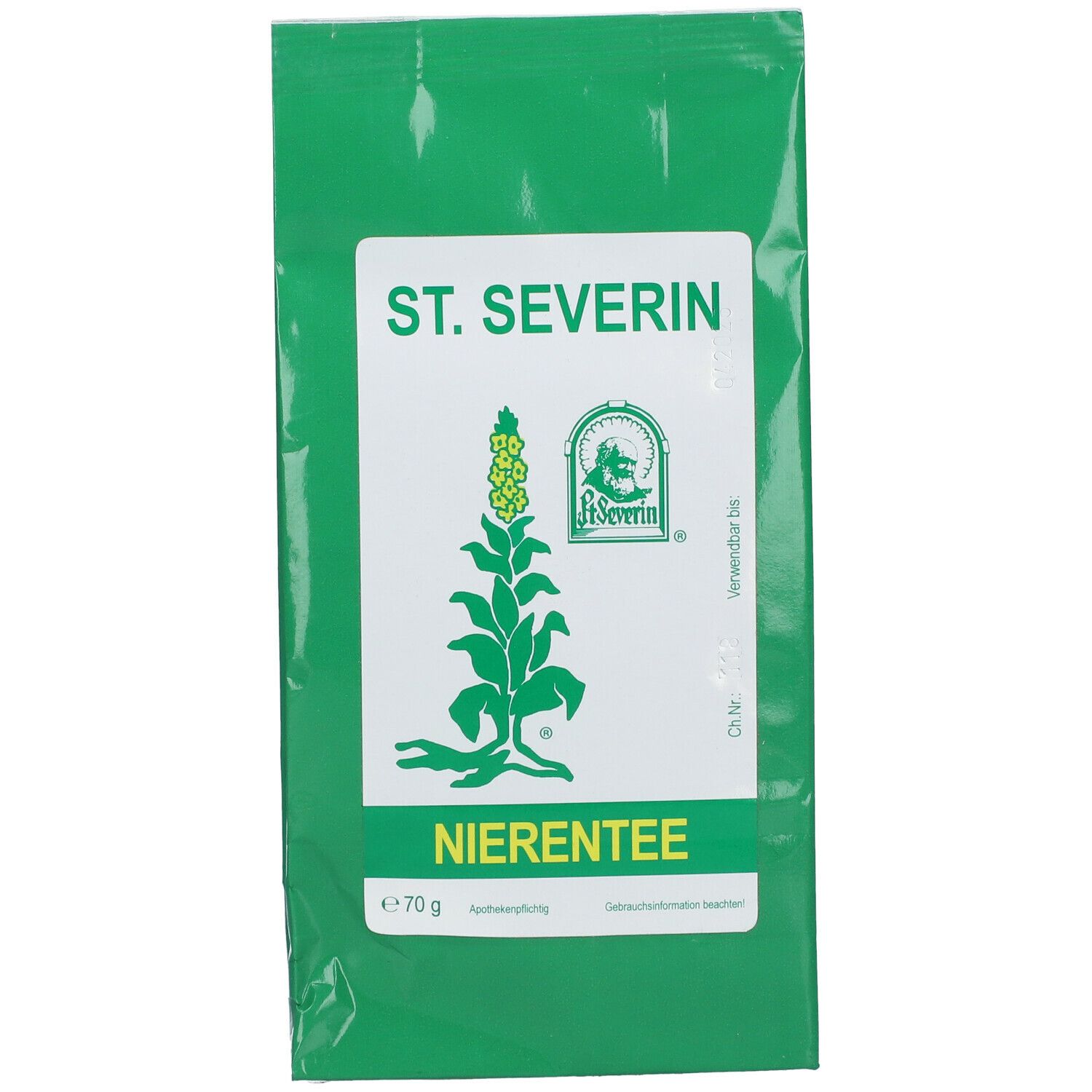 Sachet vert avec étiquette blanche. Inscription: ST. SEVERIN, logo, NIERENTEE. Contenu: 70 g. Soumis à prescription.