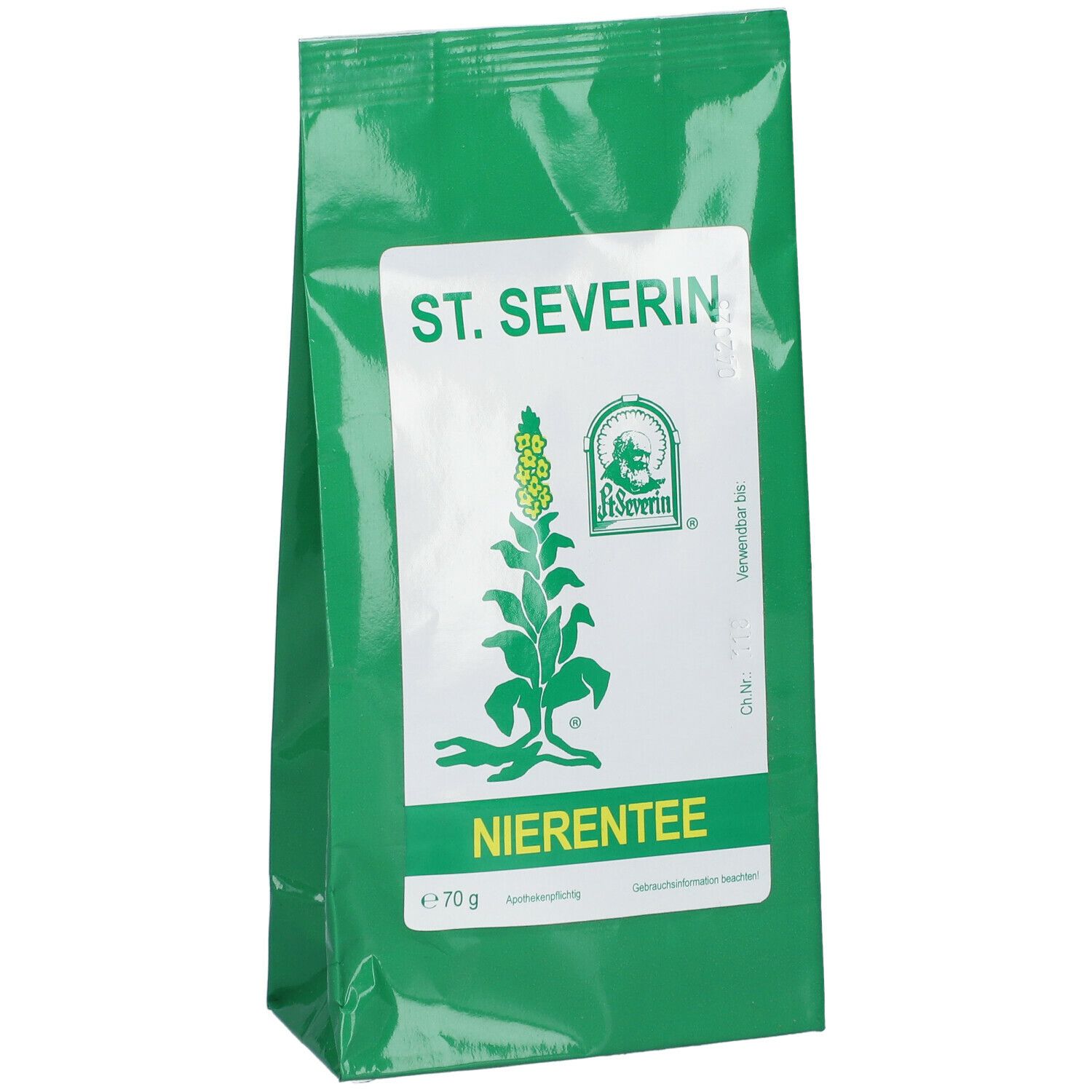 Sachet vert avec étiquette blanche. Inscription: ST. SEVERIN, logo, NIERENTEE. Contenu: 70 g. Soumis à prescription.