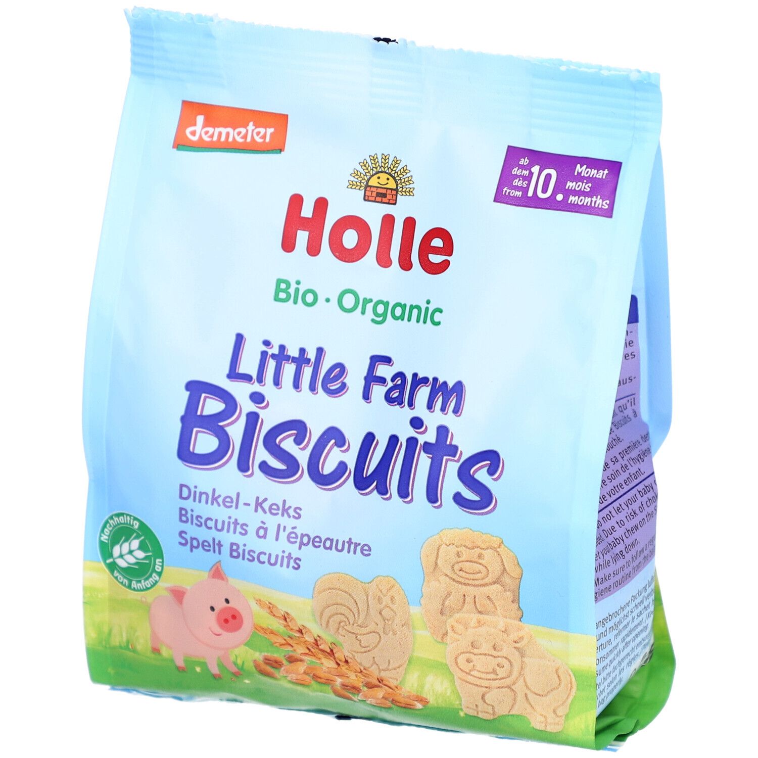 Hellblaue Verpackung mit "Holle Bio-Organic Little Farm Biscuits". Abbildung von Schwein, Hahn, Schaf, Kuh und Getreide.