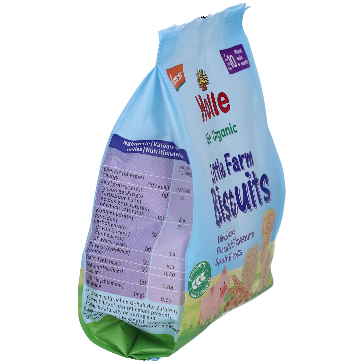Hellblaue Verpackung "Holle Bio-Organic Little Farm Biscuits". Nährwertangaben und Kekse-Abbildungen auf der Rückseite.
