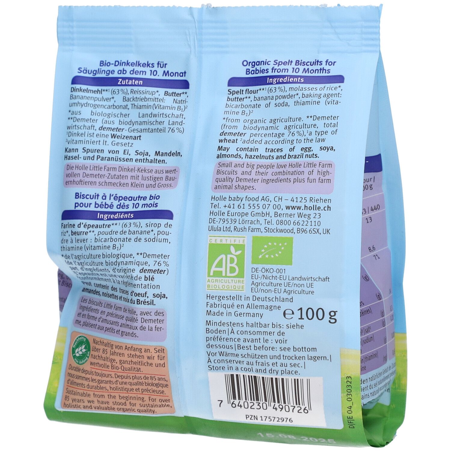 Rückseite der Verpackung "Holle Bio-Organic Little Farm Biscuits". Zutatenliste, Nährwertangaben und Zertifizierungen.