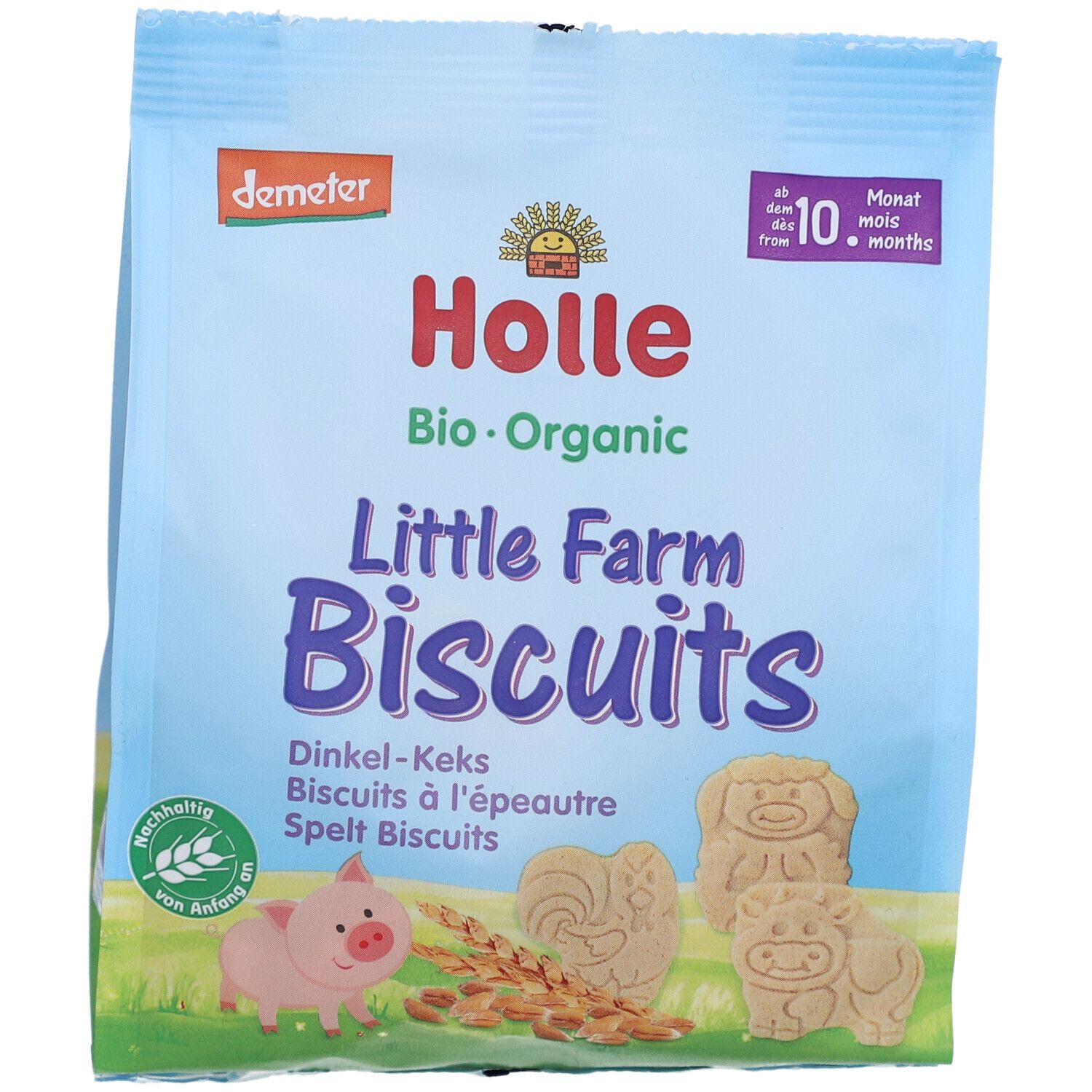 Hellblaue Verpackung "Holle Bio-Organic Little Farm Biscuits". Produktname, Abbildungen von Tieren und Getreide.