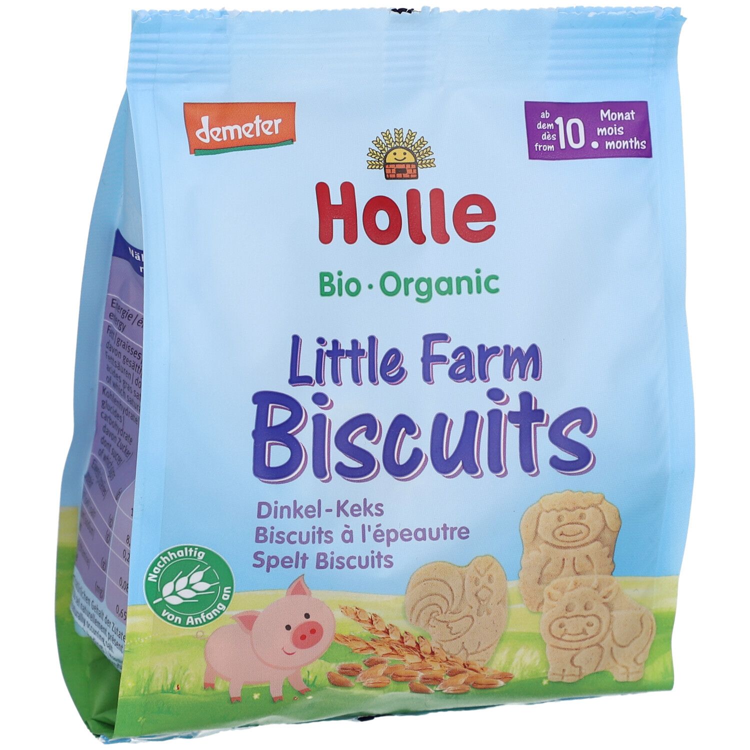 Hellblaue Verpackung "Holle Bio-Organic Little Farm Biscuits". Produktname, Abbildungen von Tieren und Getreide.