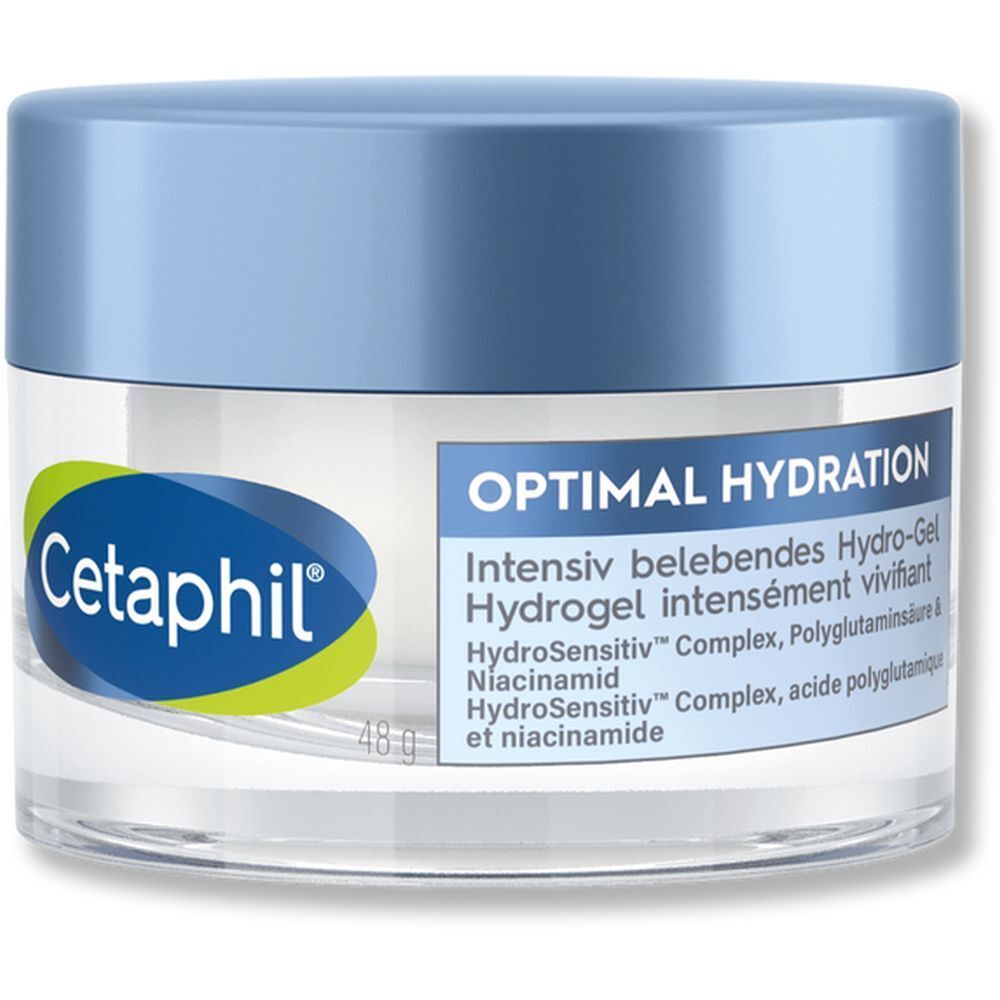 Cetaphil Optimal Hydration Hydro-Gel. Glasbehälter mit blauem Deckel. Aufschrift: Hydro-Gel, HydroSensitiv Complex, Niacinamid.