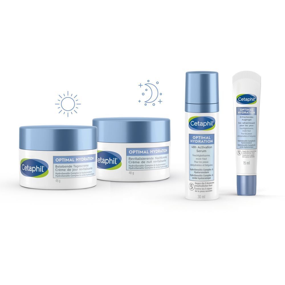 Cetaphil Optimal Hydration Produkte. Verschiedene Behälter: Creme, Serum und Augencreme. Blaue Deckel und weiße Etiketten.