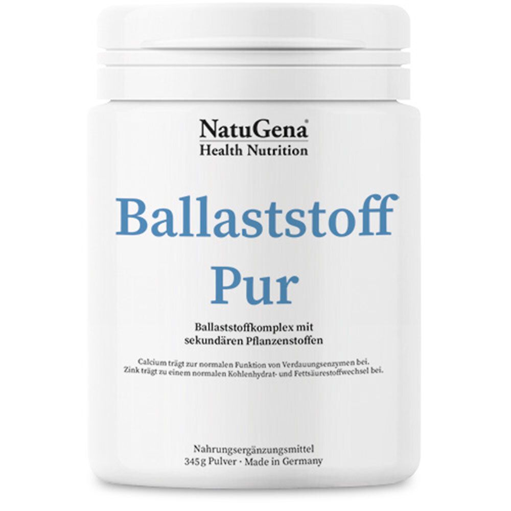 Weißes Supplement-Behälter mit blauem Text. Beschriftung: NatuGena, Ballaststoff Pur. 345g Pulver. Made in Germany.