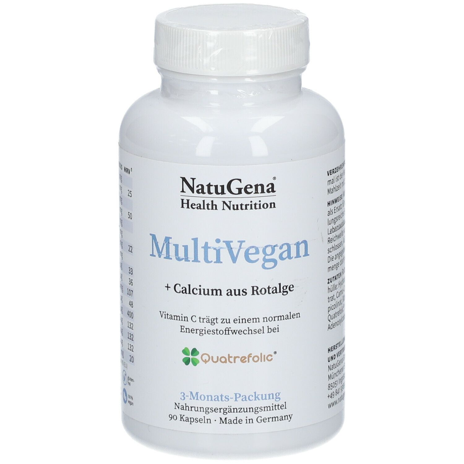 Weiße Flasche mit NatuGena MultiVegan Kapseln. Aufschrift: MultiVegan, + Calcium aus Rotalge. 90 Kapseln, Made in Germany.