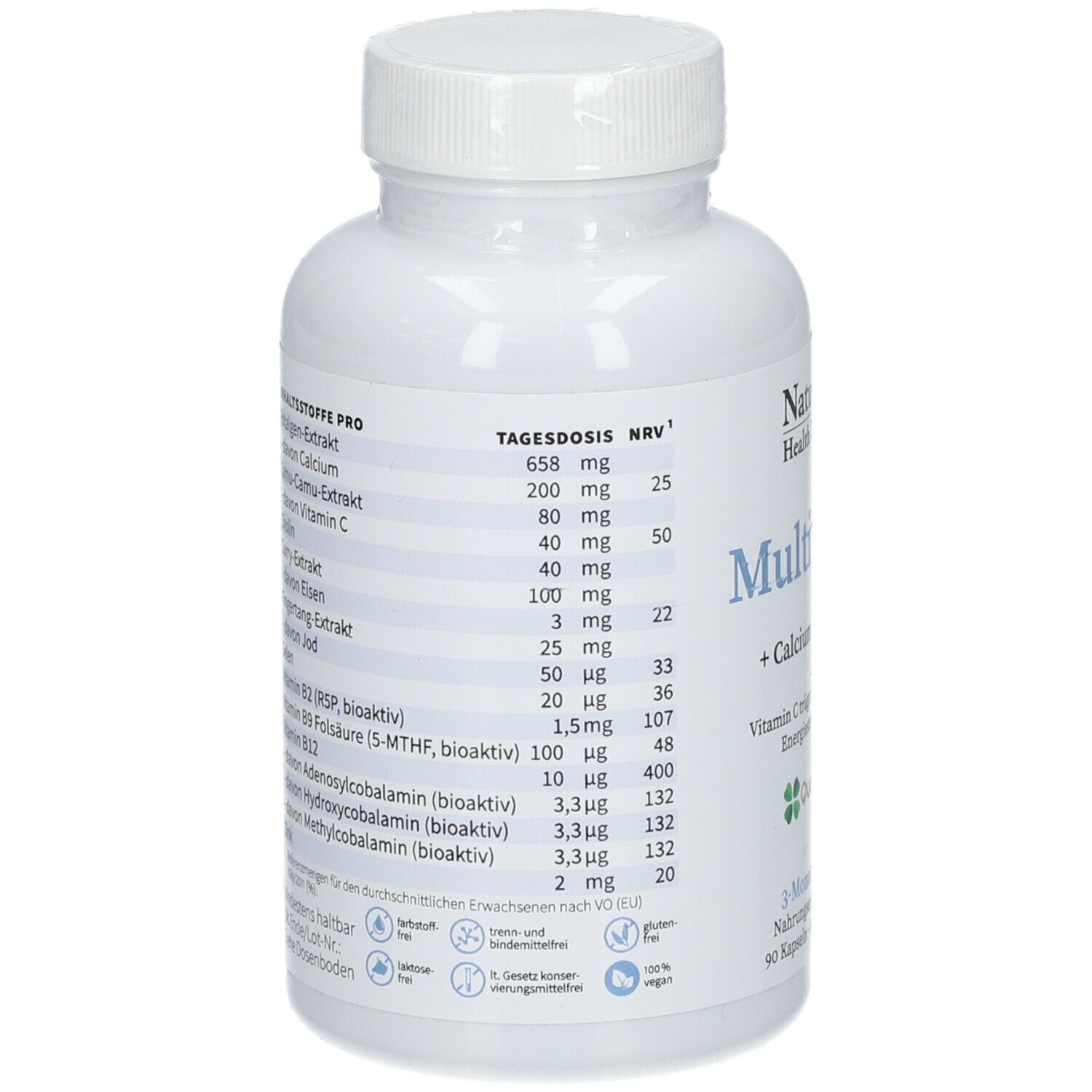 Rückseite der NatuGena MultiVegan Flasche. Auflistung der Inhaltsstoffe und Nährwertangaben. Tagesdosis NRV Werte.