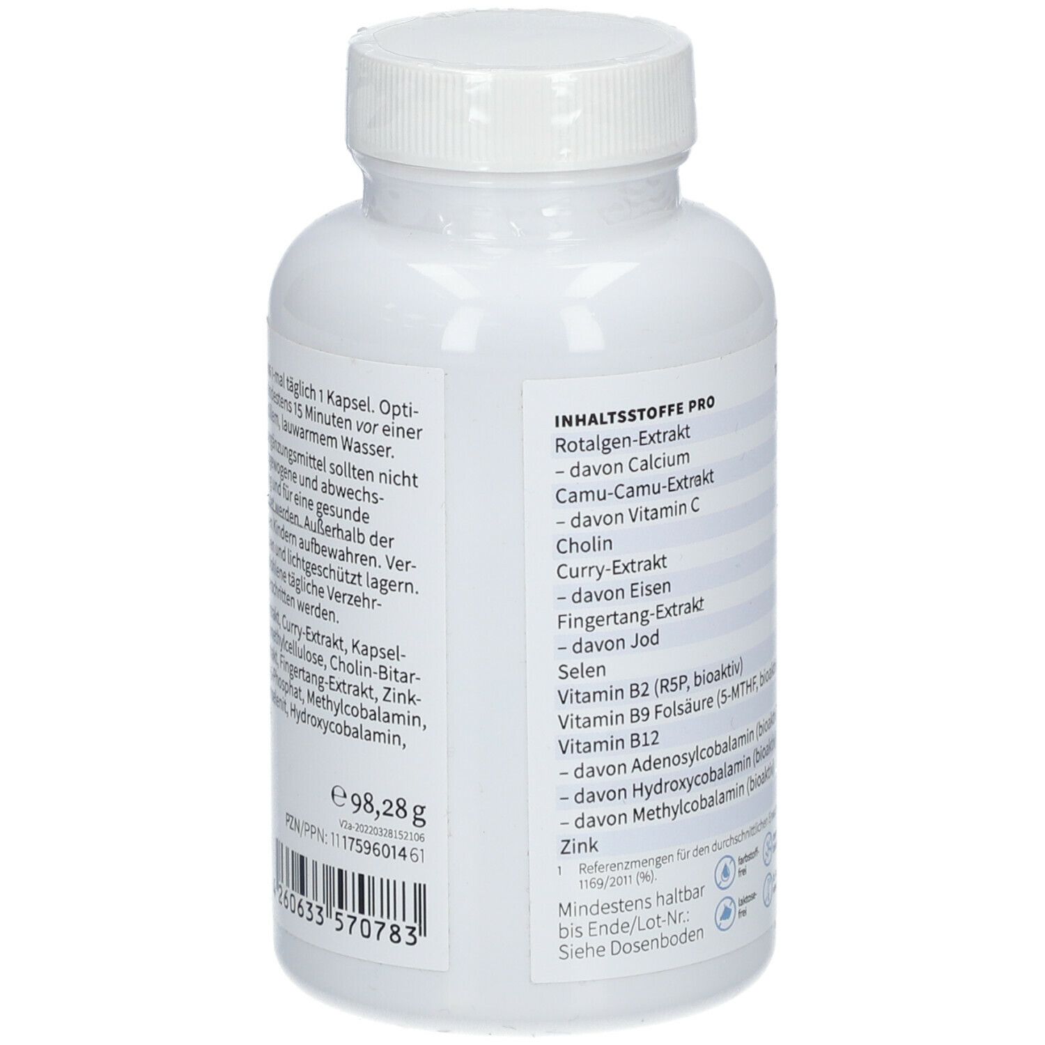 Rückseite der NatuGena MultiVegan Flasche. Auflistung der Inhaltsstoffe, Inhaltsstoffe pro Kapsel, Gewicht 98,28g.