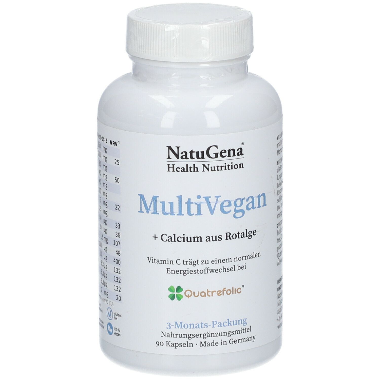 Weiße Flasche mit NatuGena MultiVegan Kapseln. Aufschrift: MultiVegan, + Calcium aus Rotalge. 90 Kapseln, 3-Monats-Packung.