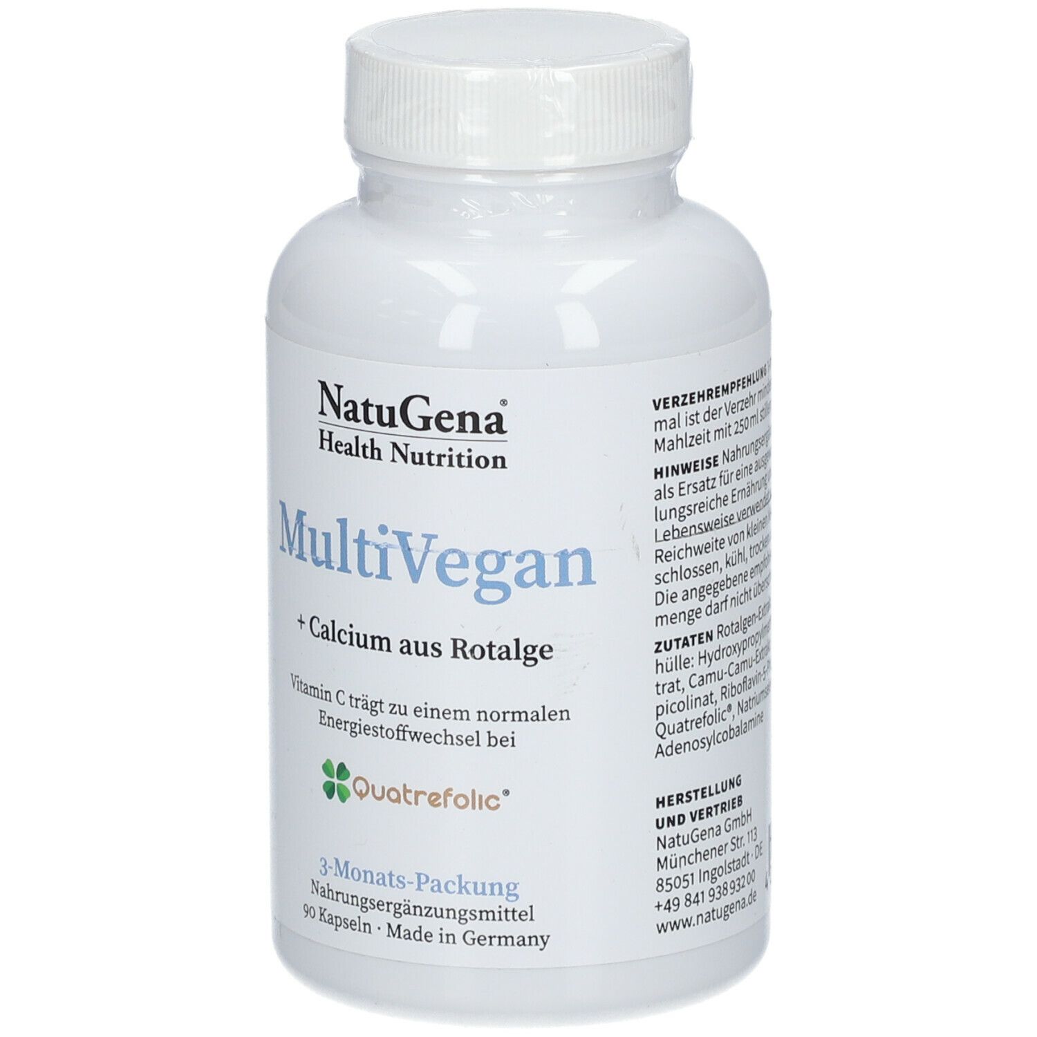 Weiße Flasche mit NatuGena MultiVegan Kapseln. Aufschrift: MultiVegan, + Calcium aus Rotalge. 90 Kapseln, 3-Monats-Packung.