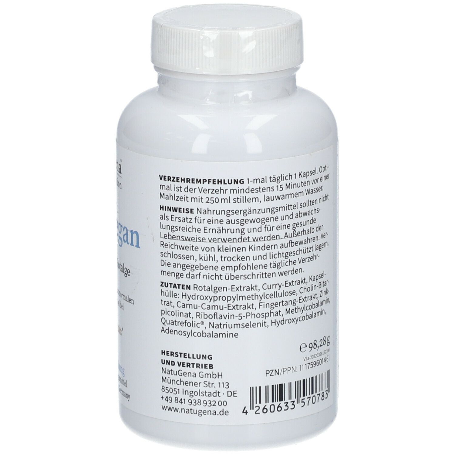 Rückseite der NatuGena MultiVegan Flasche. Auflistung der Inhaltsstoffe, Verzehrempfehlung, Zutaten, Hersteller.