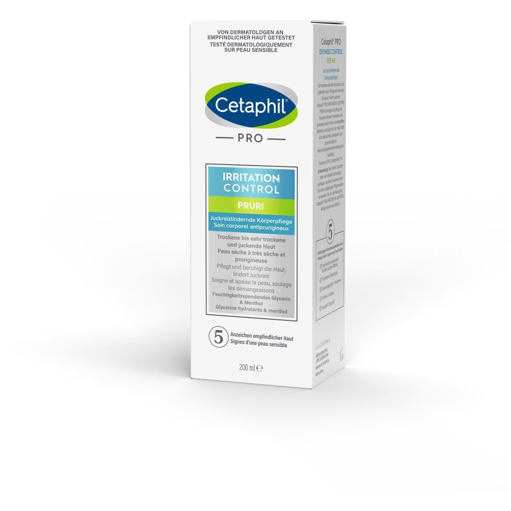 Cetaphil PRO Irritation Control Pruri. Weiße Verpackung mit Produktinformationen. Marke und Produktbezeichnung deutlich sichtbar.