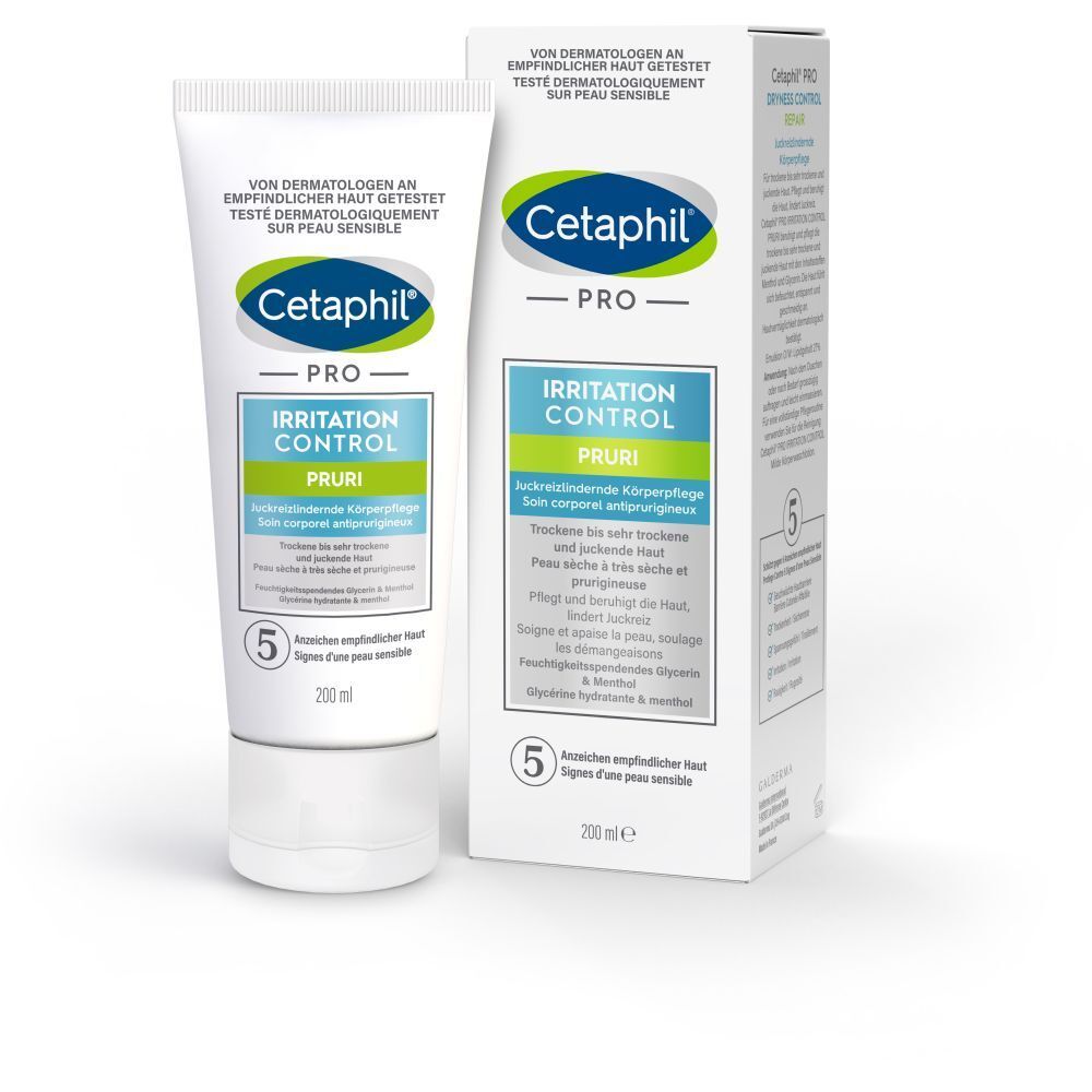 Cetaphil PRO Irritation Control Pruri. Tube und Verpackung. Produktname und Marke deutlich sichtbar. 200 ml.