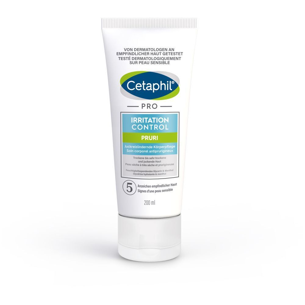 Cetaphil PRO Irritation Control Pruri. Tube mit Produktinformationen. Marke und Produktbezeichnung deutlich sichtbar. 200 ml.