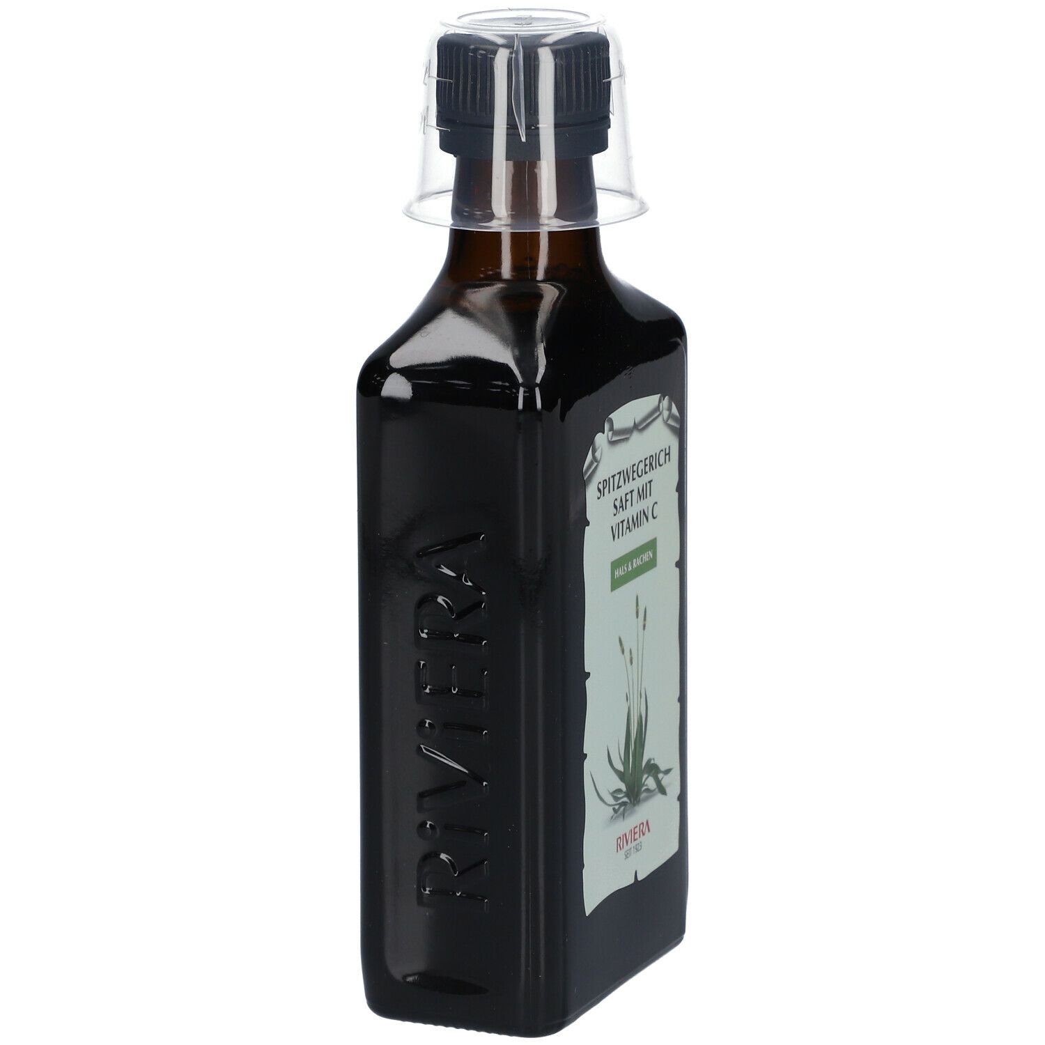 Braune Flasche mit Spitzwegerichsaft. Aufschrift: Spitzwegerich Saft mit Vitamin C. Mit Dosierkappe.