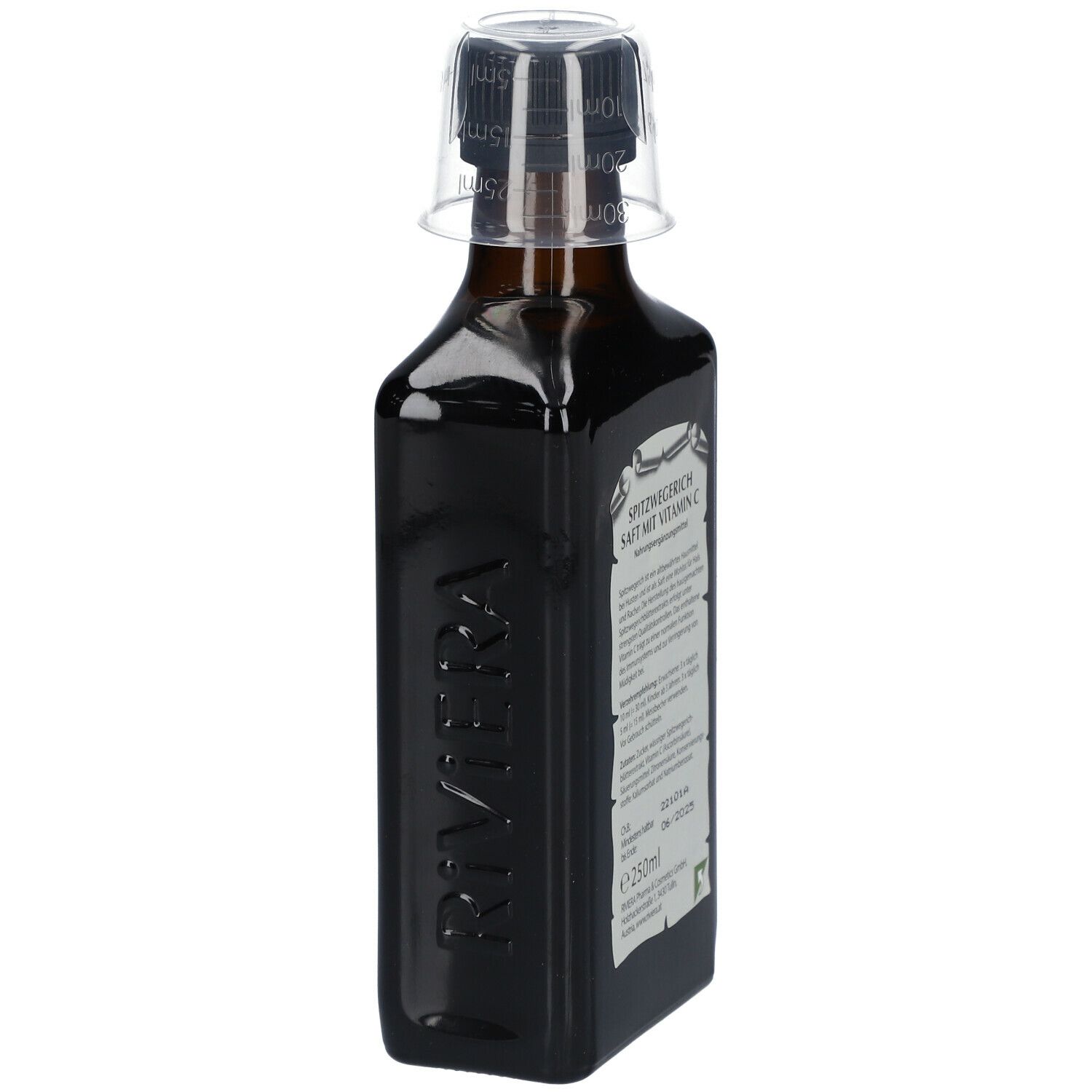 Braune Flasche mit Spitzwegerichsaft. Aufschrift: Spitzwegerich Saft mit Vitamin C. Mit Dosierkappe.