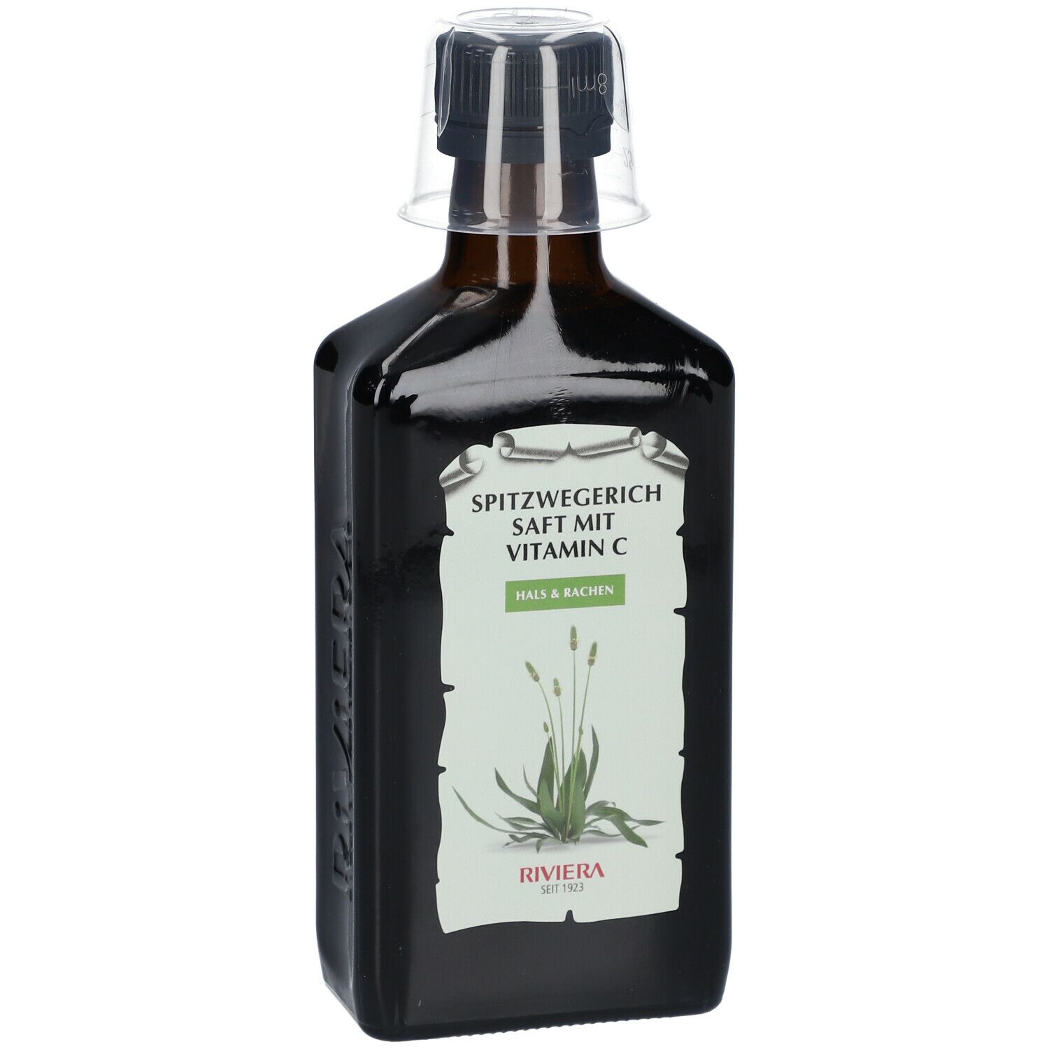 Braune Flasche mit Spitzwegerichsaft. Aufschrift: Spitzwegerich Saft mit Vitamin C. Mit Dosierkappe.