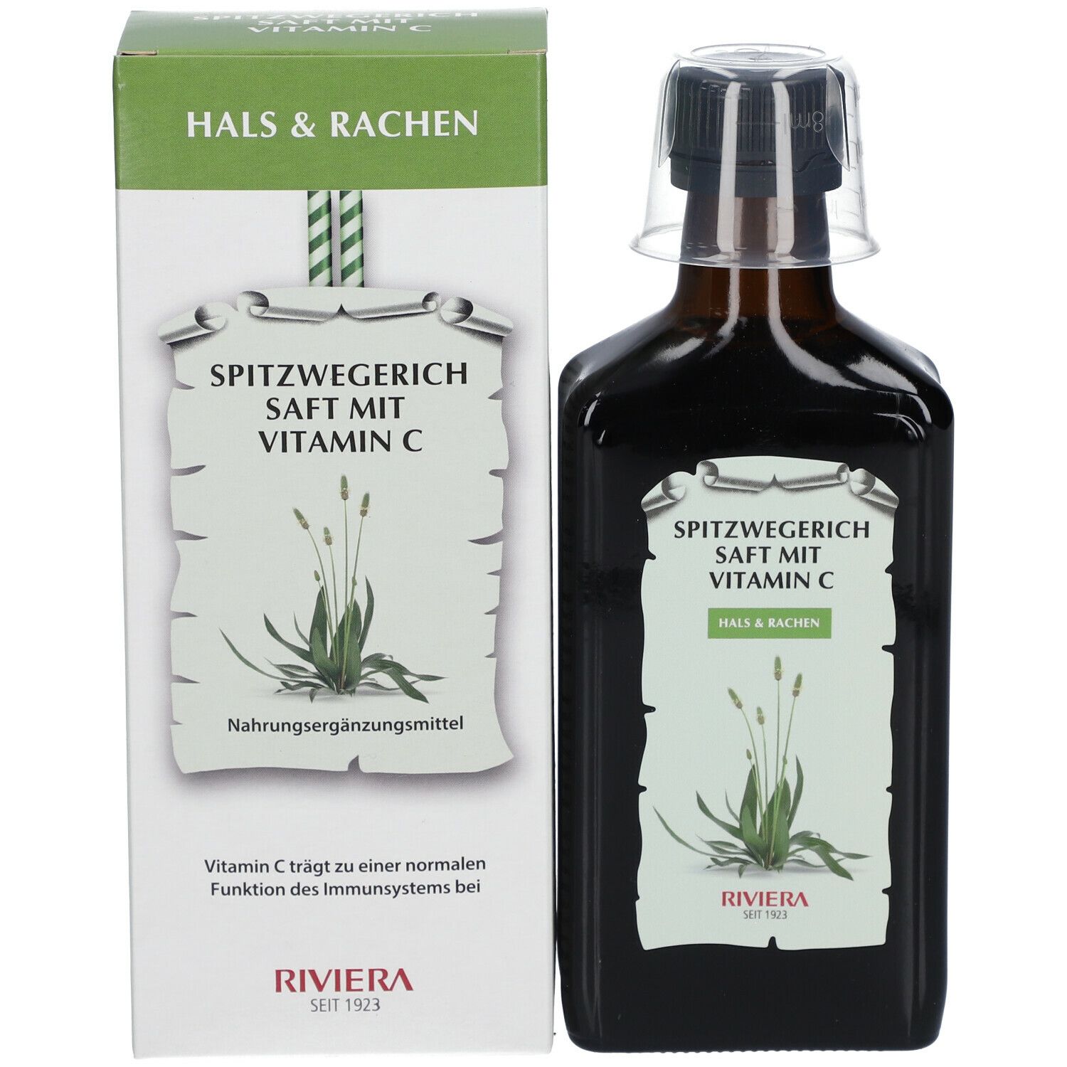 Flasche und Schachtel mit Spitzwegerichsaft. Aufschrift: Spitzwegerich Saft mit Vitamin C. Mit Dosierkappe.