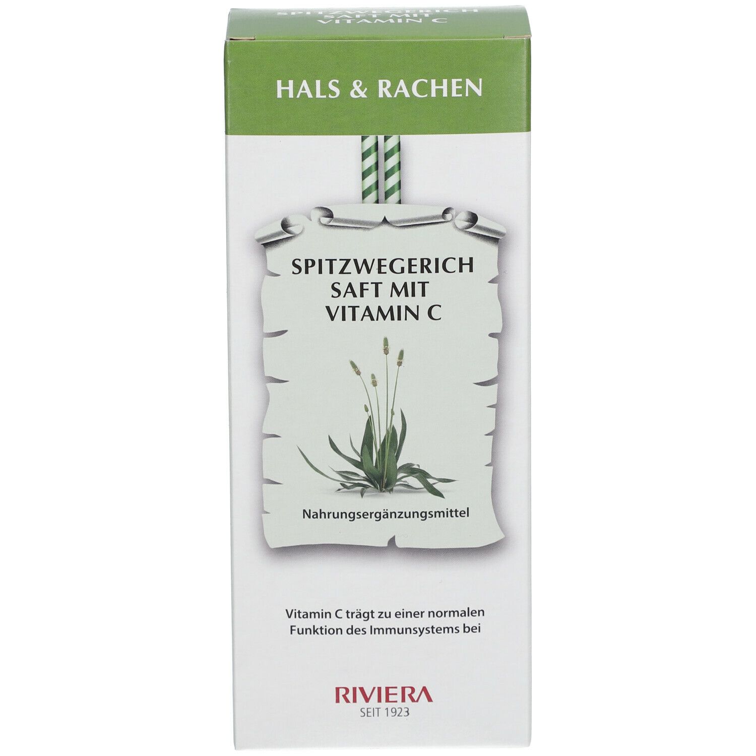 Schachtel mit Spitzwegerichsaft. Aufschrift: Spitzwegerich Saft mit Vitamin C. Nahrungsergänzungsmittel.