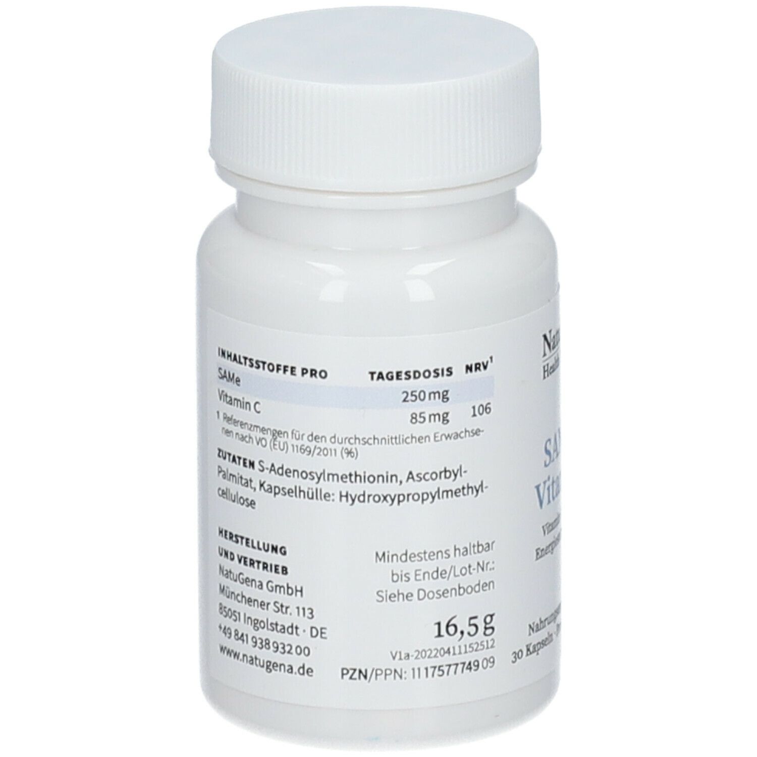 Dos du flacon blanc. Liste des ingrédients, dosage, informations fabricant. 16,5g. 30 gélules.
