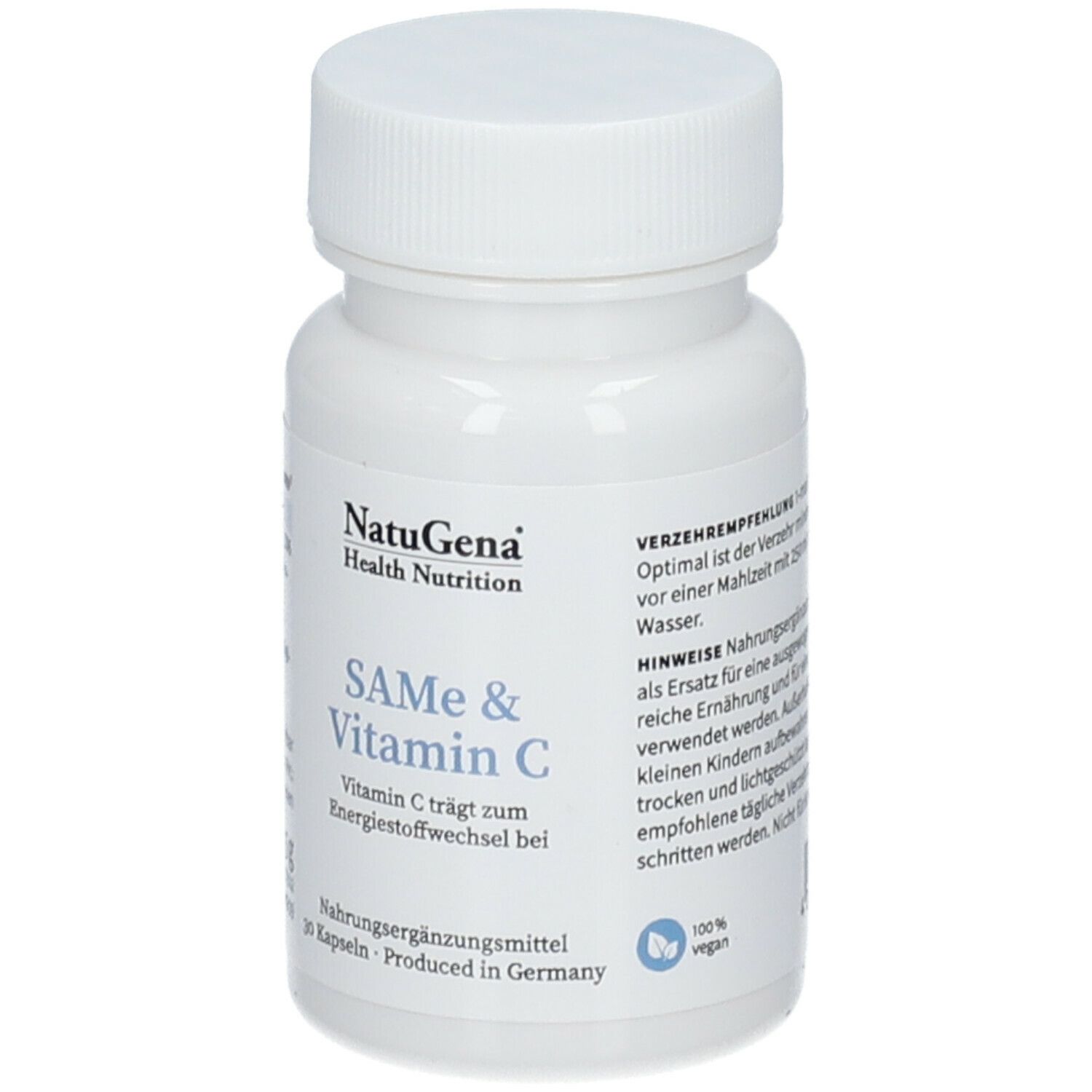 Flacon blanc de gélules. Inscription: NatuGena, SAMe & Vitamine C. 30 gélules. 16,5g.