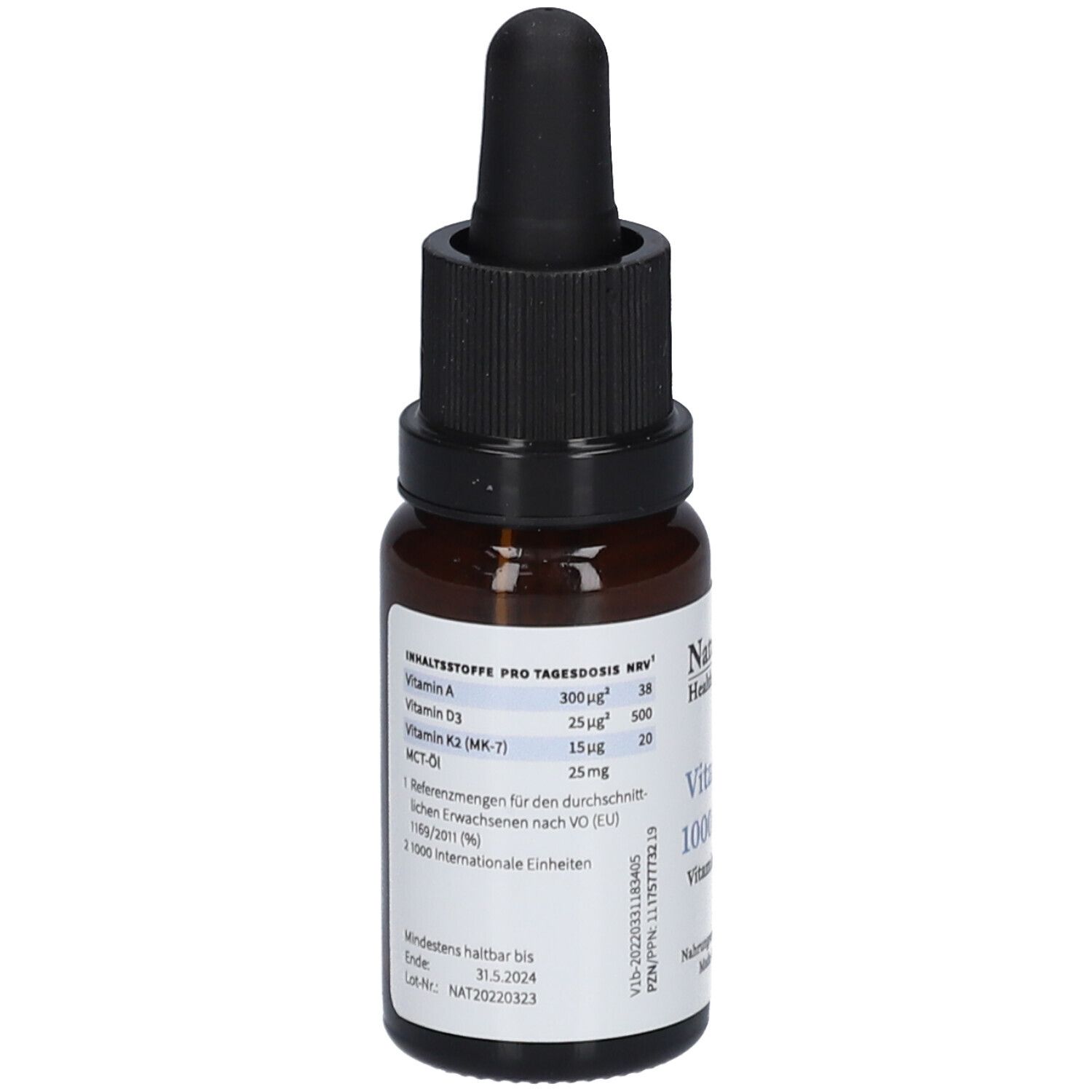 Flacon en verre brun avec compte-gouttes noir. Étiquette avec informations nutritionnelles par dose. Vegan. Fabriqué en Allemagne.
