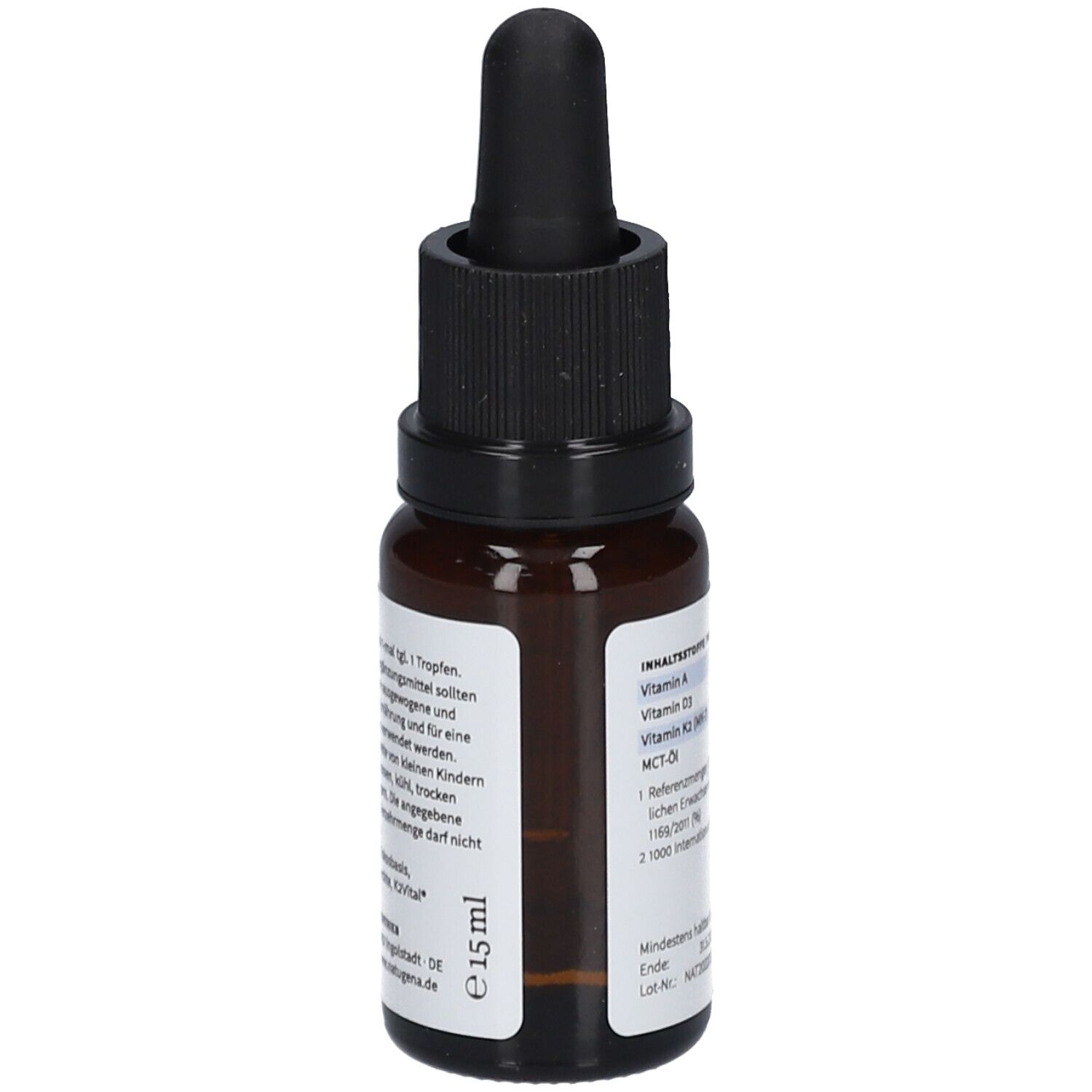 Flacon en verre brun avec compte-gouttes noir. Étiquette avec ingrédients et volume 15 ml. Vegan. Fabriqué en Allemagne.