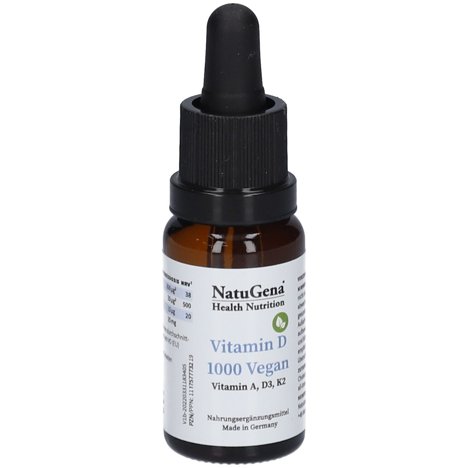 Flacon en verre brun avec compte-gouttes noir. Étiquette avec informations nutritionnelles. Vegan. Fabriqué en Allemagne.