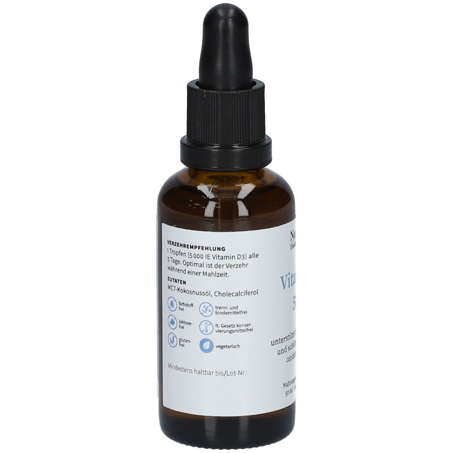 Flacon en verre brun avec compte-gouttes noir. Étiquette avec informations sur le produit et ingrédients. Logo végétalien.