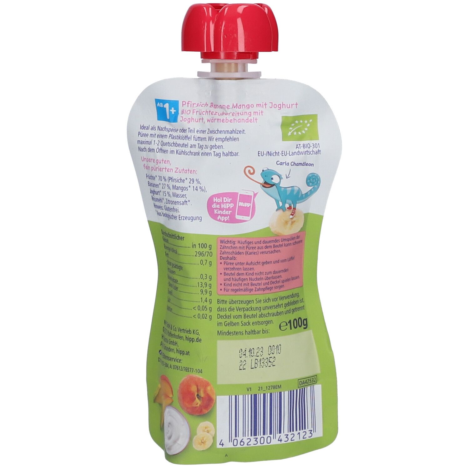 Rückseite des HiPP HiPPis Quetschbeutels mit Pfirsich, Banane, Mango und Joghurt. Angaben zu Inhaltsstoffen und Nährwerten.