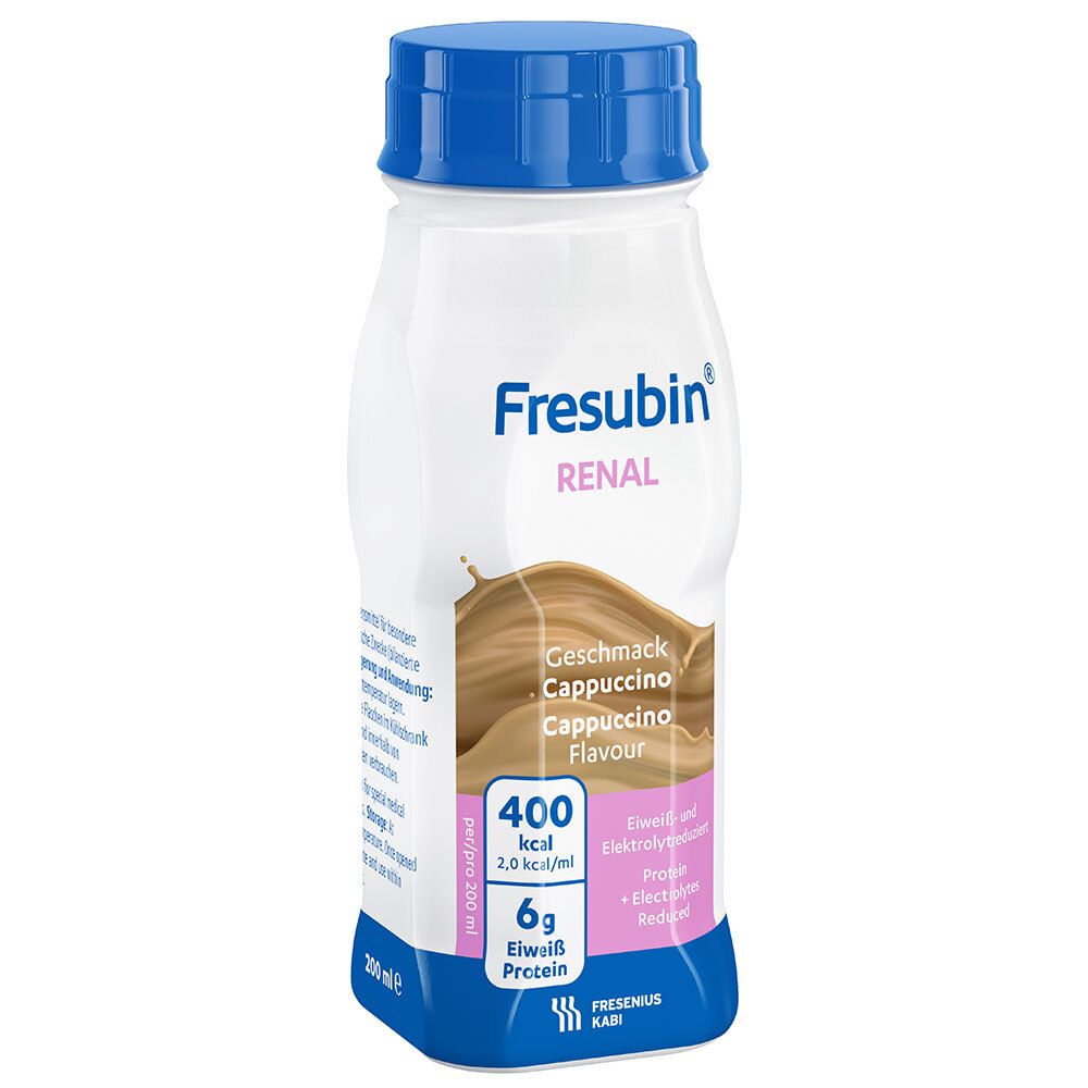 Fresubin RENAL Cappuccino, Flasche mit blauem Deckel. 400 kcal, 6g Eiweiß. Fresenius Kabi Logo.