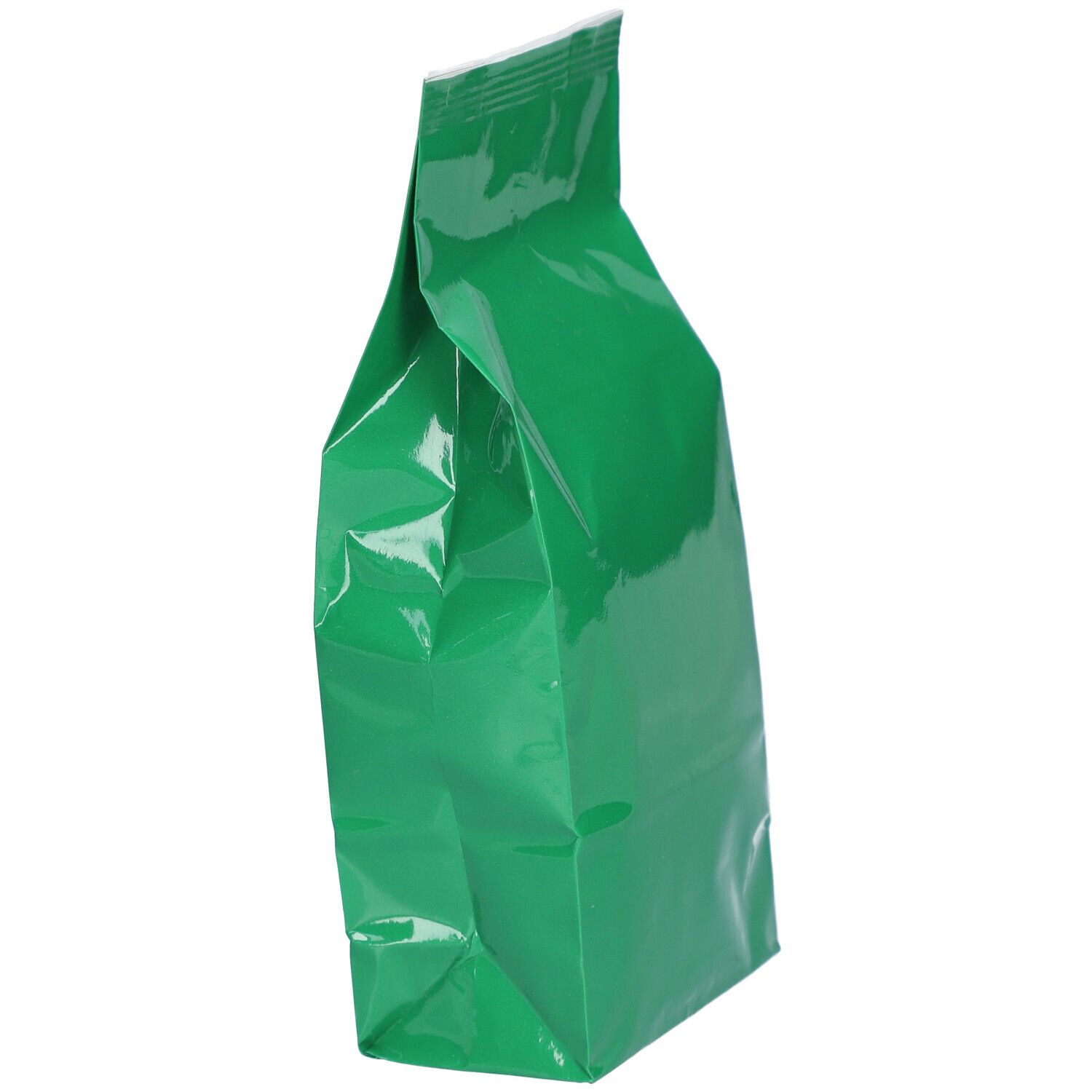 Grüner Beutel, schräg von der Seite. Keine Beschriftung sichtbar.