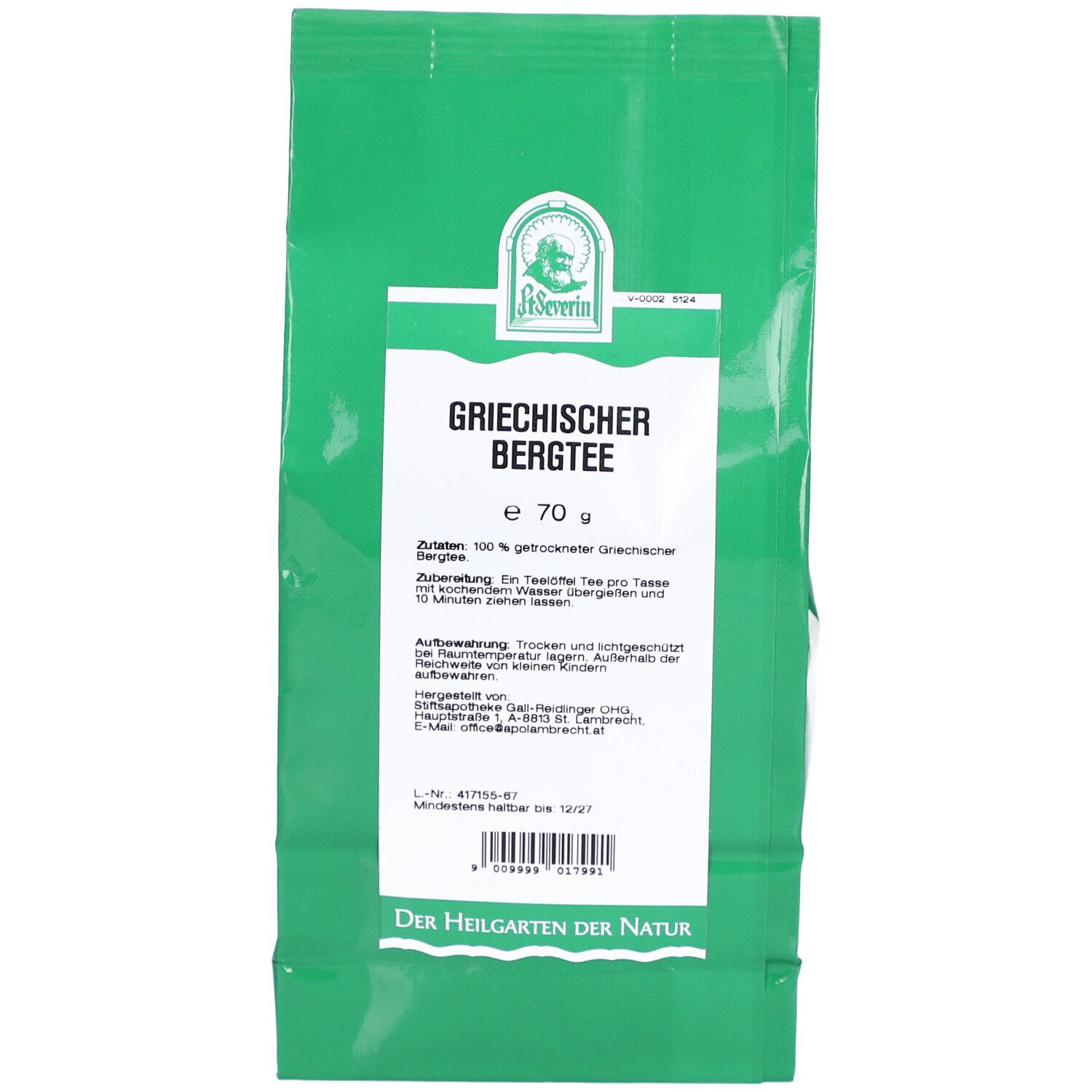 Grüner Beutel mit weißem Etikett. Aufschrift: Griechischer Bergtee. Logo und Text in deutscher Sprache.