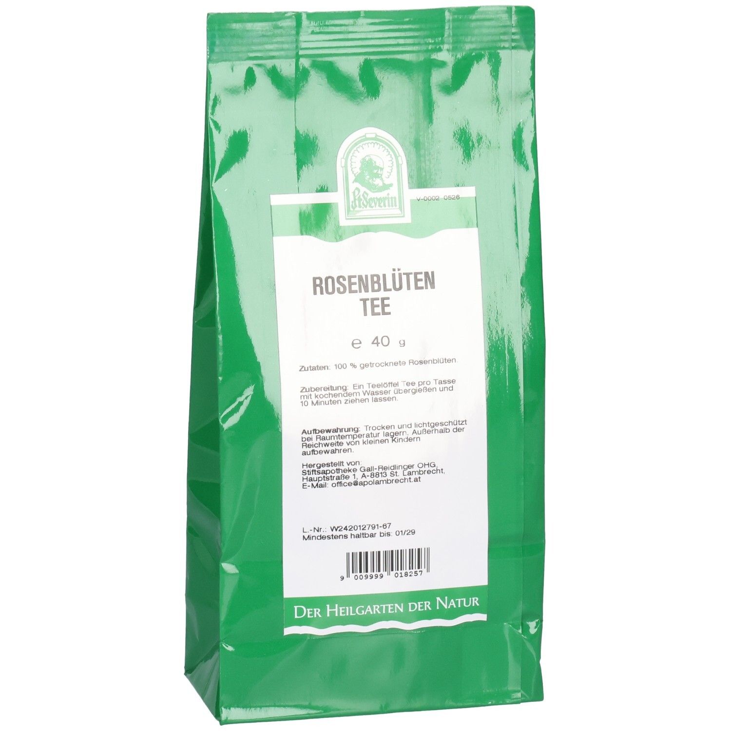 Grüne Teepackung mit weißem Etikett für Rosenblüten Tee, 40g.