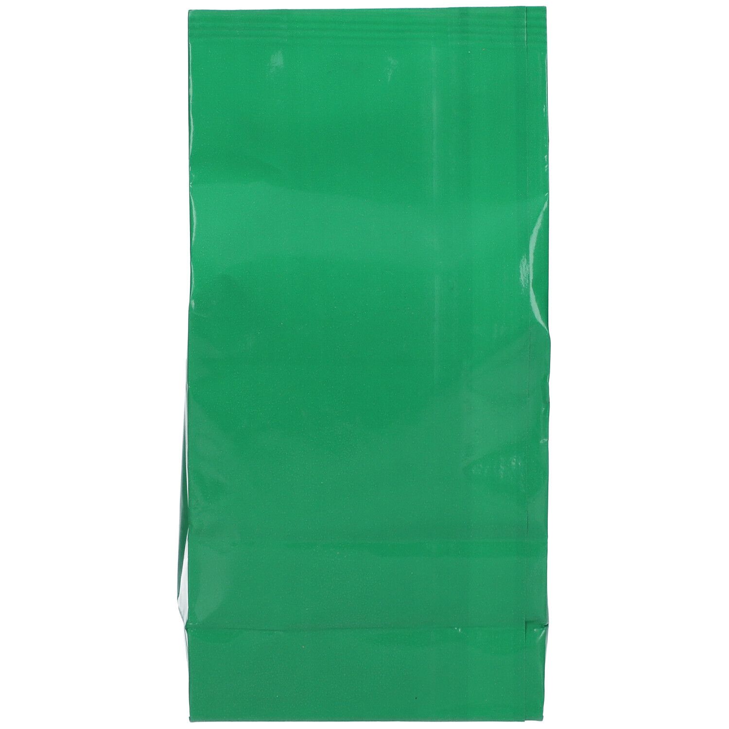Grüner, leerer Beutel. Glänzende Oberfläche. Verschluss oben. Untere Kante gefaltet.