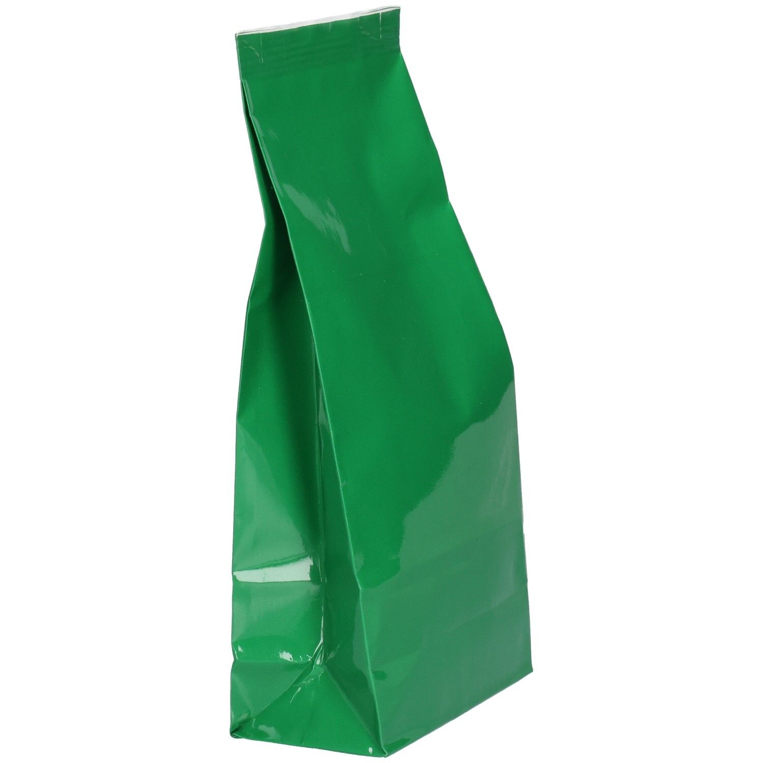 Grüner Beutel, glänzend. Keine Beschriftung sichtbar.