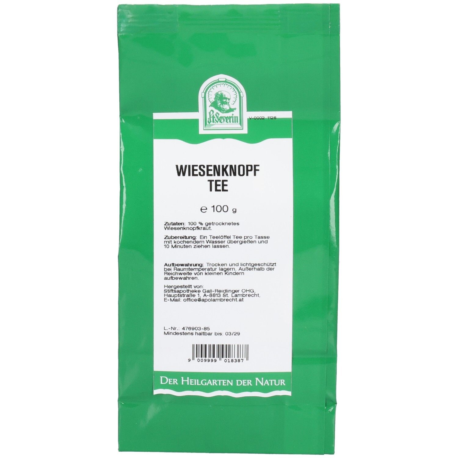 Grüner Beutel mit weißem Etikett. Aufschrift: Wiesenknopf Tee. Logo: Kräuter. Marke: A. Severin. Text auf Deutsch.