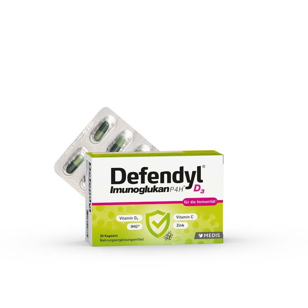 Defendyl-Imunoglukan P4H D3 Kapseln. Blisterpackung und Schachtel mit Kapseln. Vitamin D3, C und Zink.