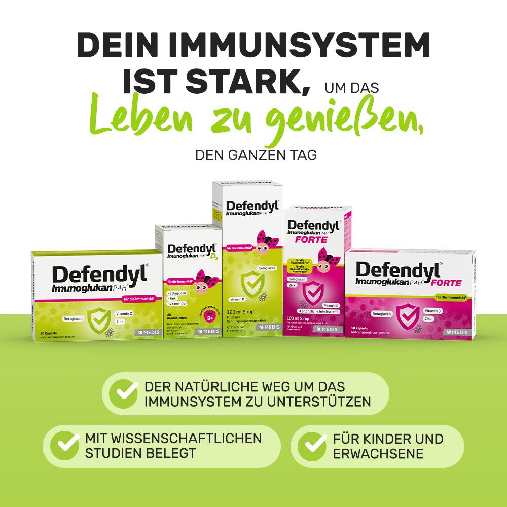 Verschiedene Defendyl-Imunoglukan Produkte. Text: Dein Immunsystem ist stark. Für Kinder und Erwachsene.