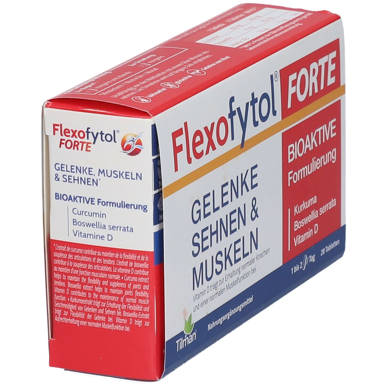Flexofytol FORTE-Verpackung, schräg. Rote und weiße Schachtel mit Produktnamen und Inhaltsstoffen. 28 Tabletten.
