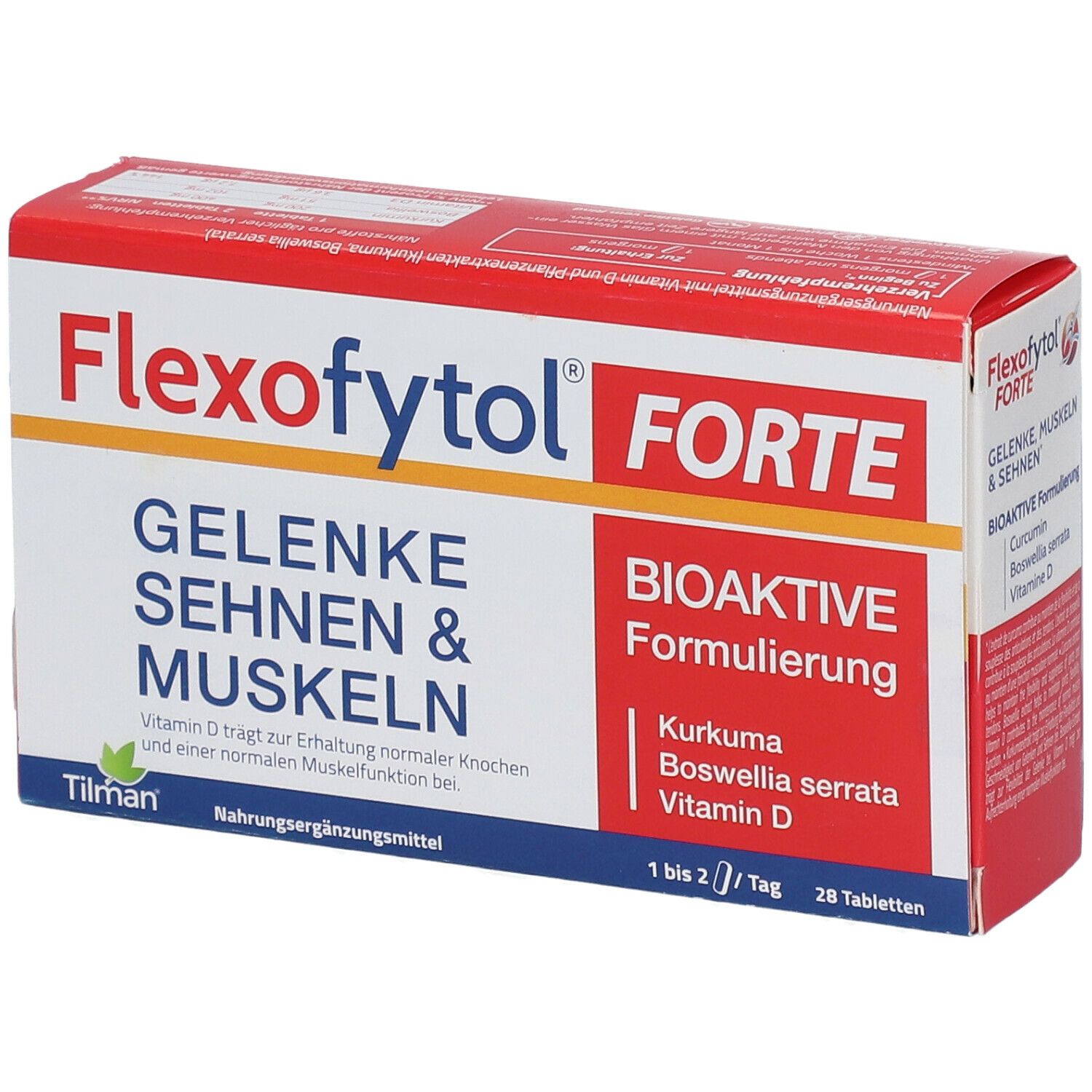 Flexofytol FORTE-Verpackung. Rote und weiße Schachtel mit Produktnamen und Inhaltsstoffen. 28 Tabletten.