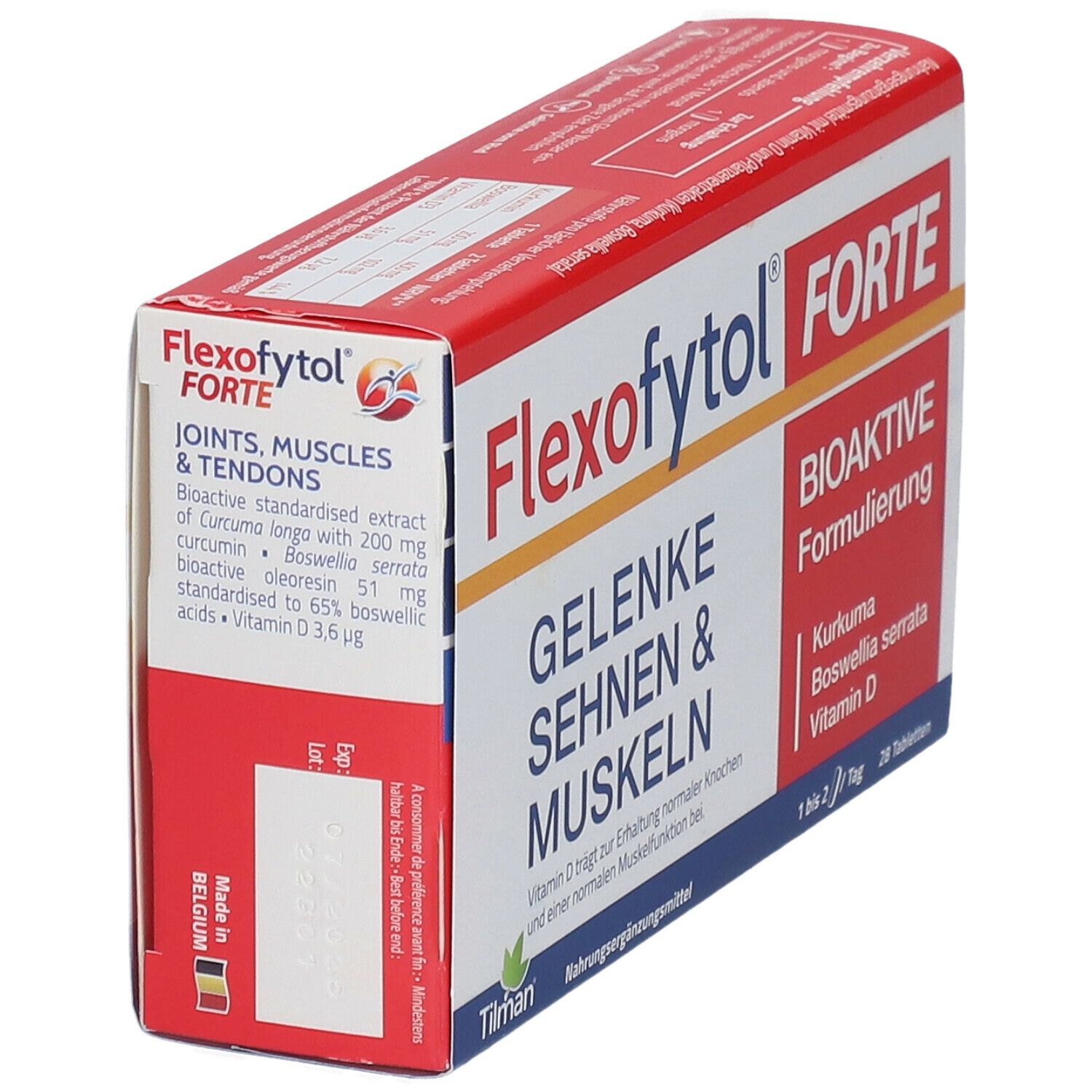 Flexofytol FORTE-Verpackung, schräg. Rote und weiße Schachtel mit Produktnamen und Inhaltsstoffen. 28 Tabletten.